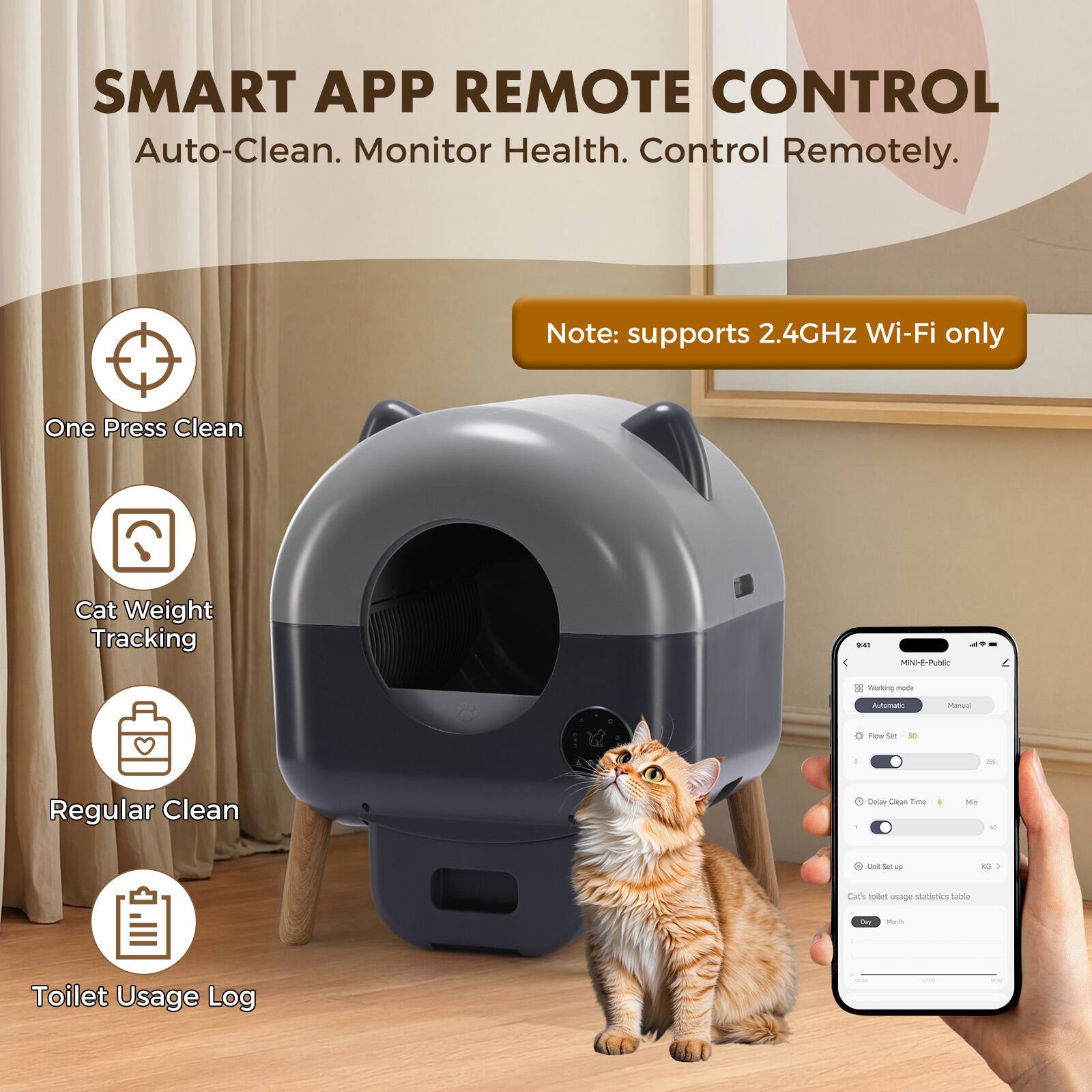 SMART APP REMOTE CONTROL  
Auto-Clean. Monitor Health. Control Remotely.  
Note: supports 2.4GHz Wi-Fi only  

- One Press Clean  
- Cat Weight Tracking  
- Regular Clean  
- Toilet Usage Log