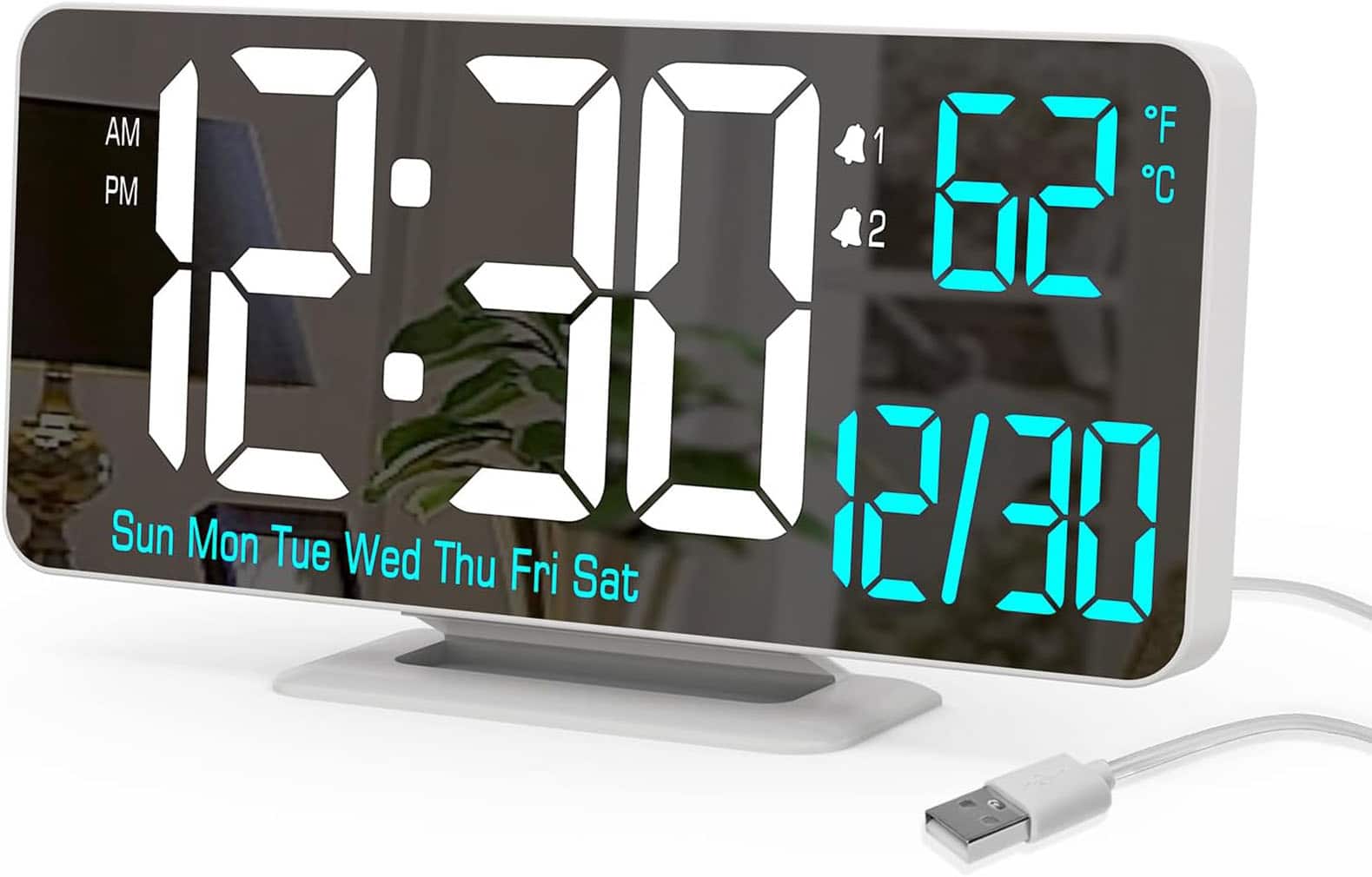 FINEAK - Digital LED Clocks for Bedrooms Alarm Clock - White Clock(white + Blue Digits)