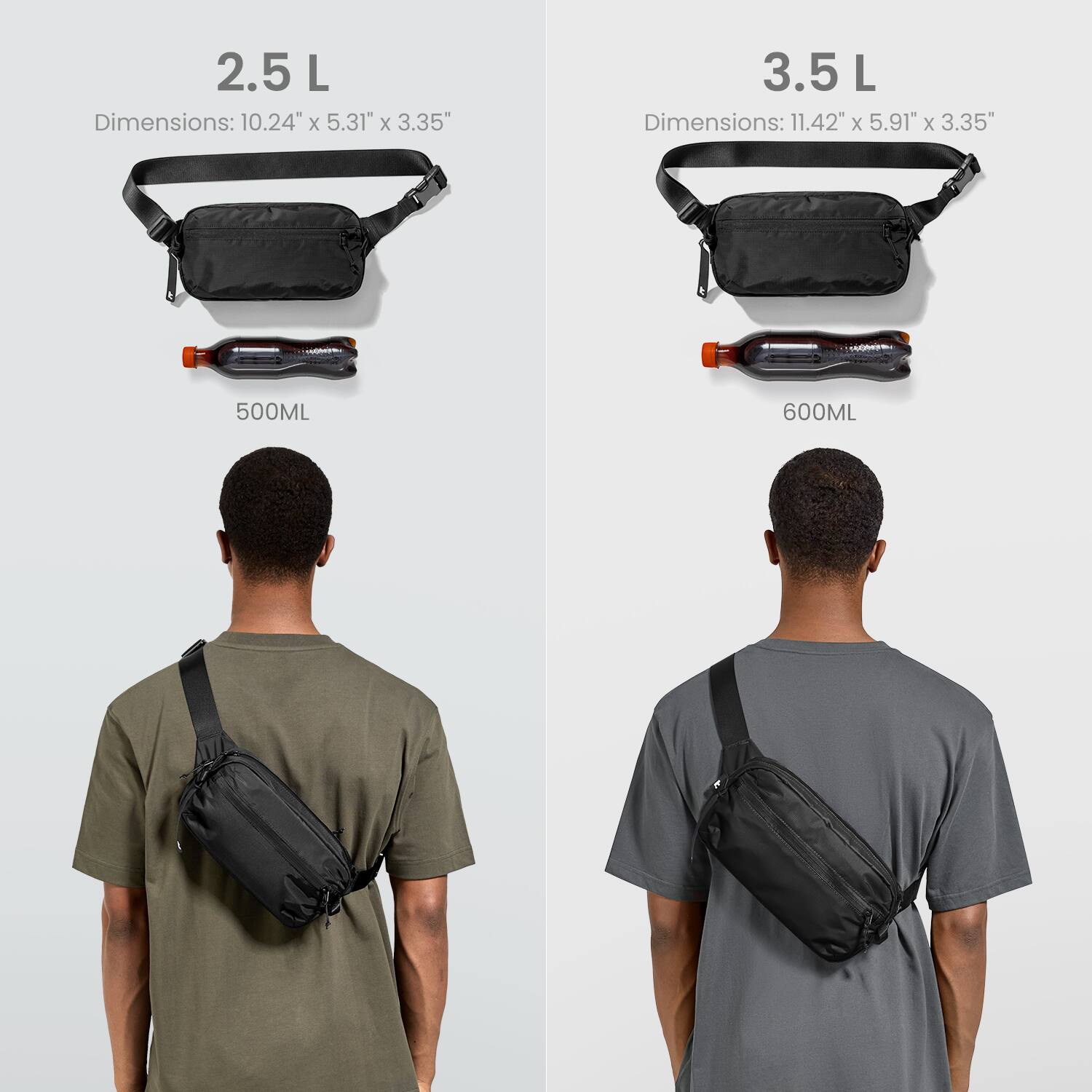 The text on the image reads:

2.5 L Dimensions: 10.24" x 5.31" X 3.35"
3.5 L Dimensions: 11.42" x 5.91" x 5.91"
500ML 600ML