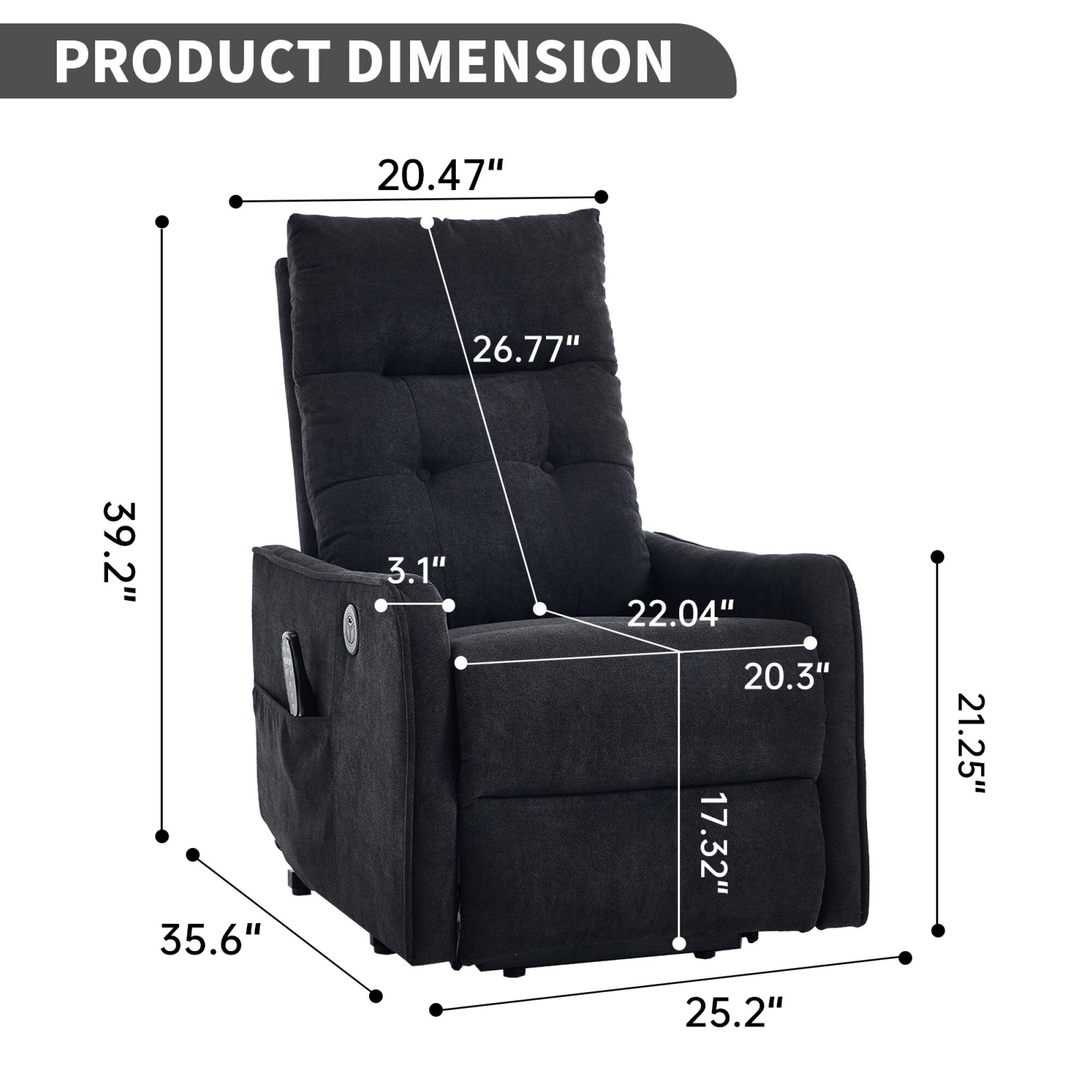 PRODUCT DIMENSION

- Width: 20.47"
- Depth: 35.6"
- Height: 39.2"
- Seat Height: 22.04"
- Seat Depth: 20.3"
- Arm Height: 26.77"
- Arm Width: 21.25"
- Back Height: 26.77"
- Seat Width: 17.32"
- Overall Height: 39.2"