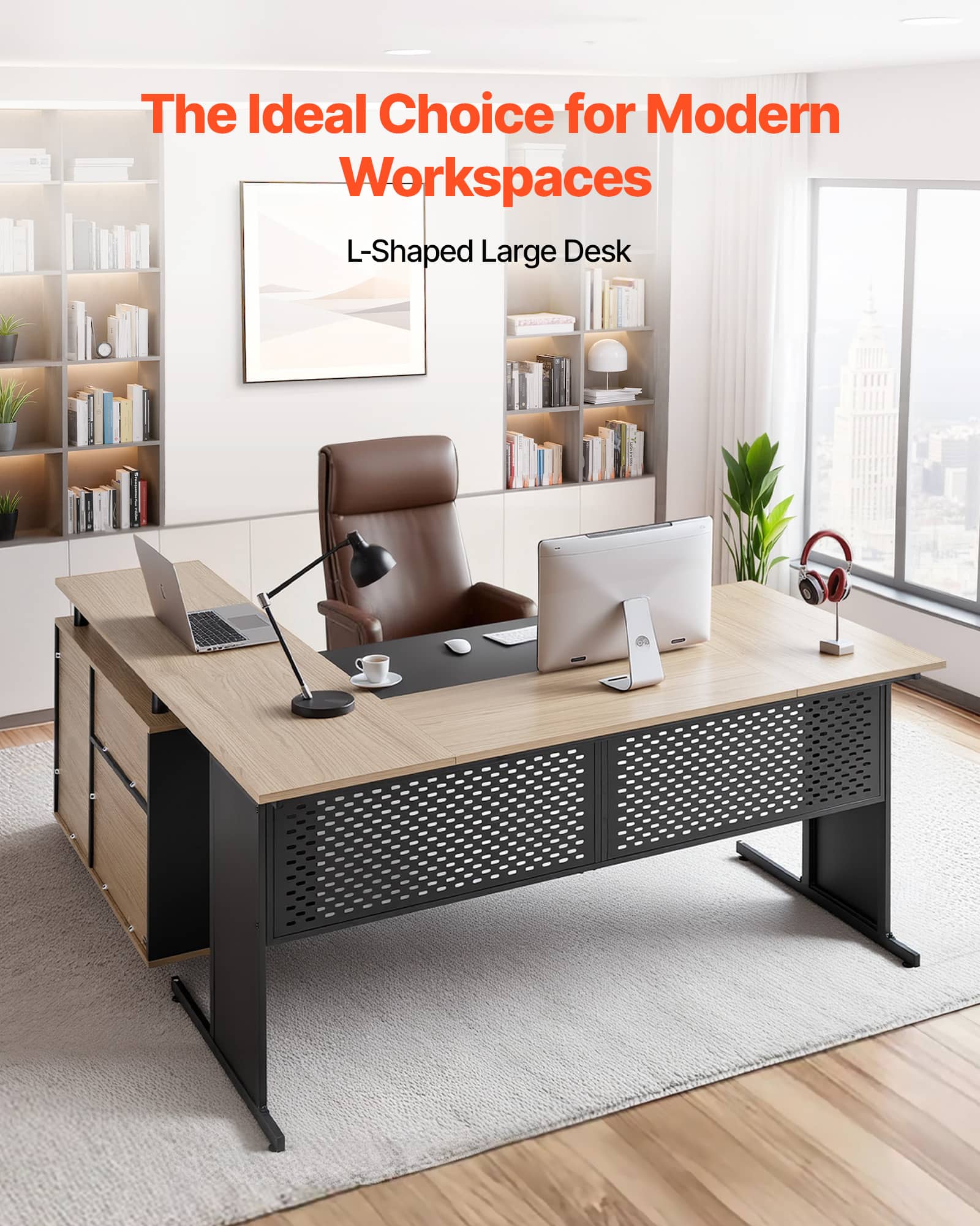 VEVOR - L-Shaped Executive Desk, Modern Reversible Office Table with Drawers & Storage Cabinet - Black + Brown - Thumbnail 4