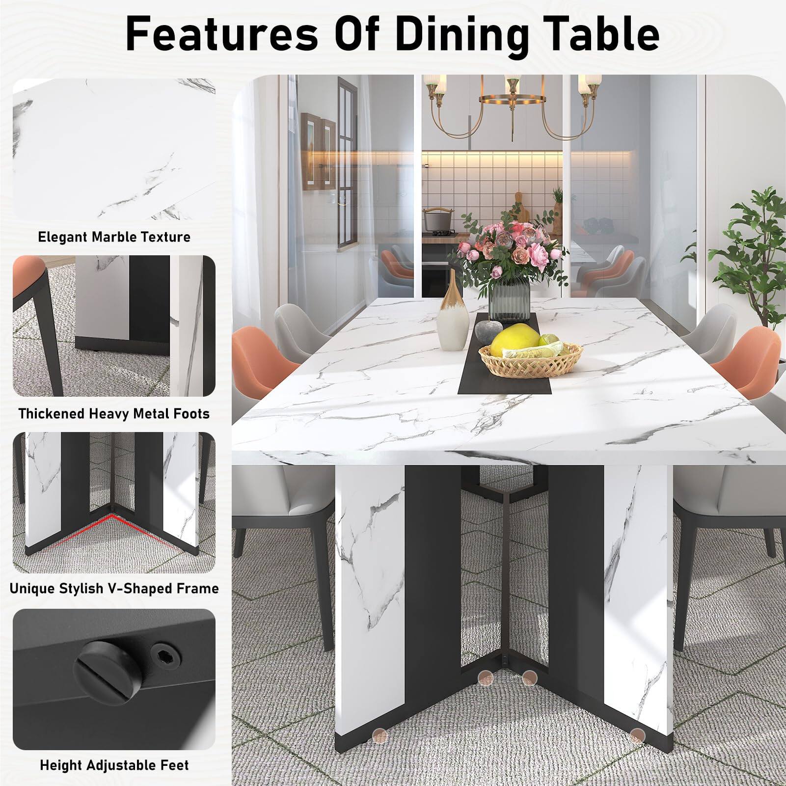 Features Of Dining Table

- Elegant Marble Texture
- Thickened Heavy Metal Feet
- Unique Stylish V-Shaped Frame
- Height Adjustable Feet
