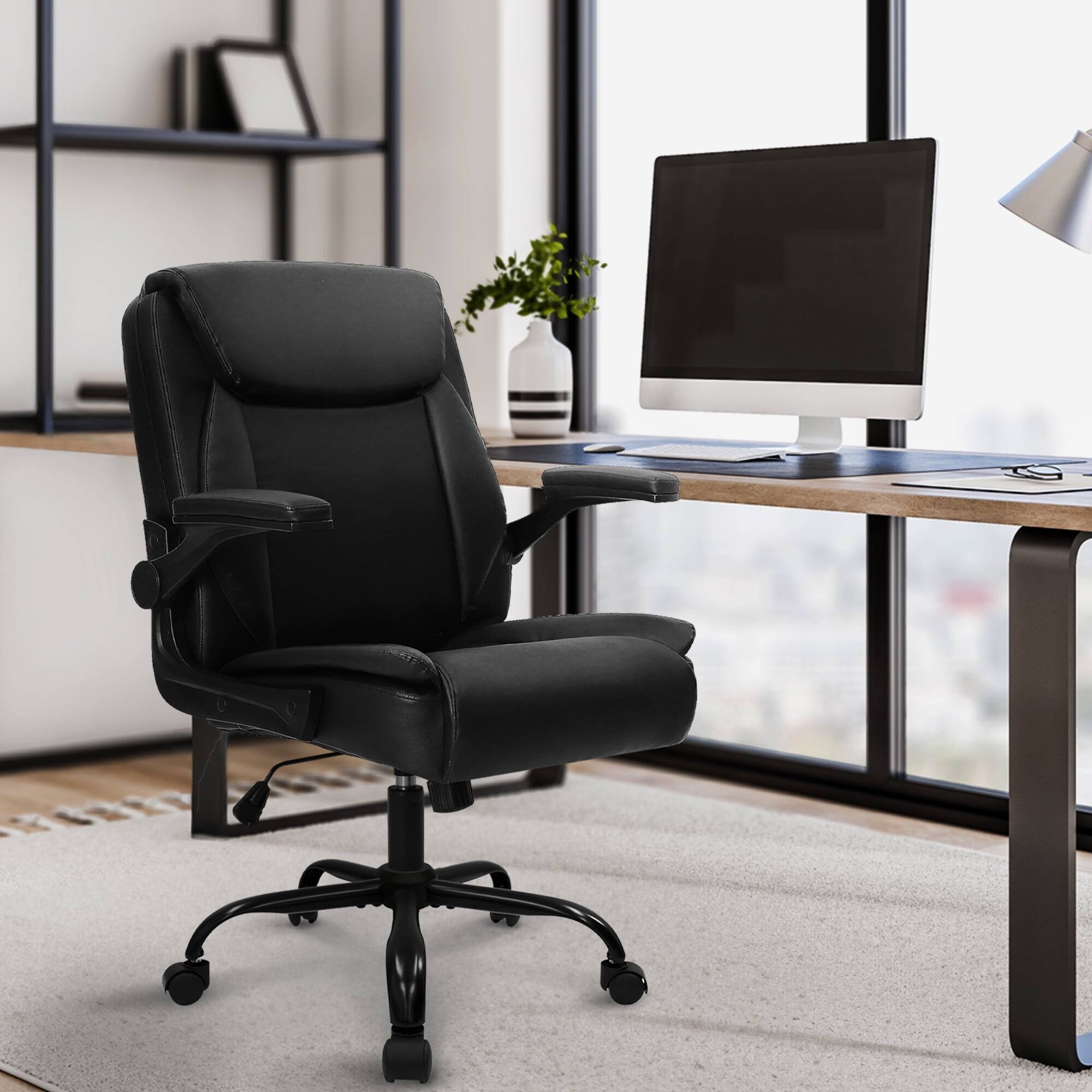 Alt View 6. Neo Chair - Leather Office Chair, Ergonomic Mid-Back Computer Chair with Flip-Up Armrests, Padded Cushion & Swivel Wheels - 1. Jet Black.