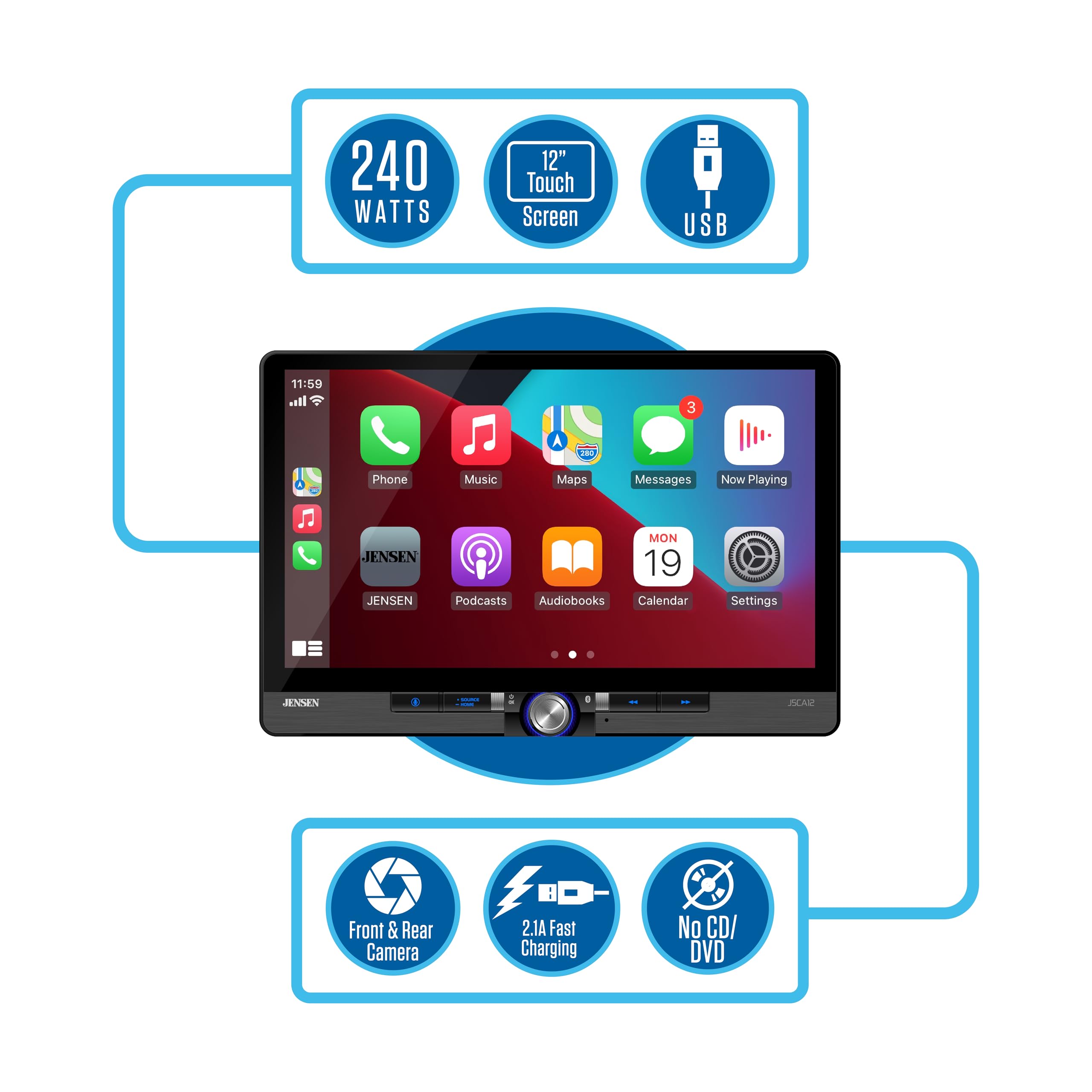 240 WATTS, 12" Touch Screen, USB, 11:59, Phone, Music, Maps, Messages, Now Playing, JENSEN, JENSEN, MON, 19, Podcasts, Audiobooks, Calendar, Settings, JNEN - - AM, Front & Rear Camera, 2.1A Fast Charging, No CD/ DVD