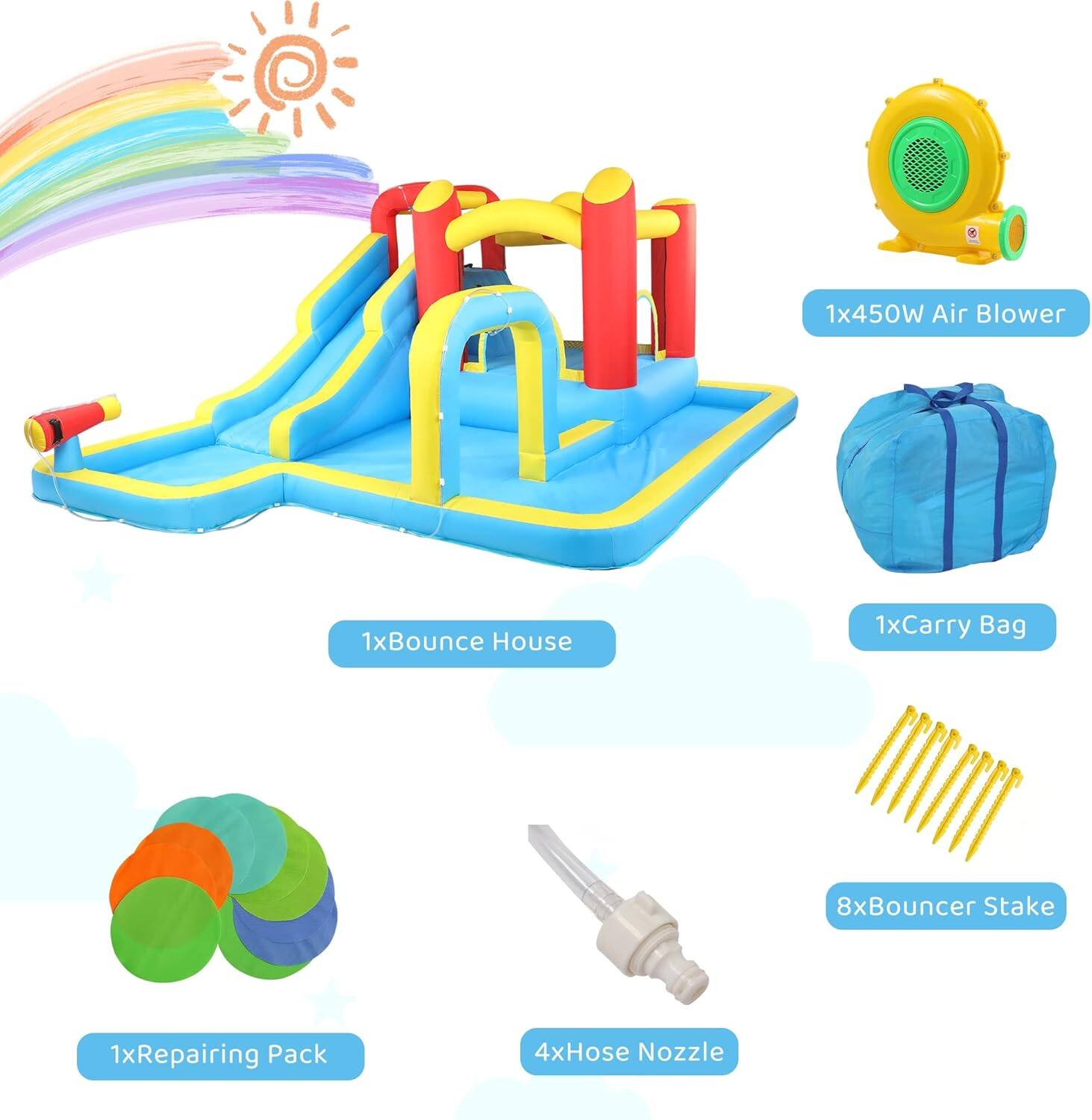 1x450W Air Blower  
1xBounce House  
1xCarry Bag  
8xBouncer Stake  
1xRepairing Pack  
4xHose Nozzle