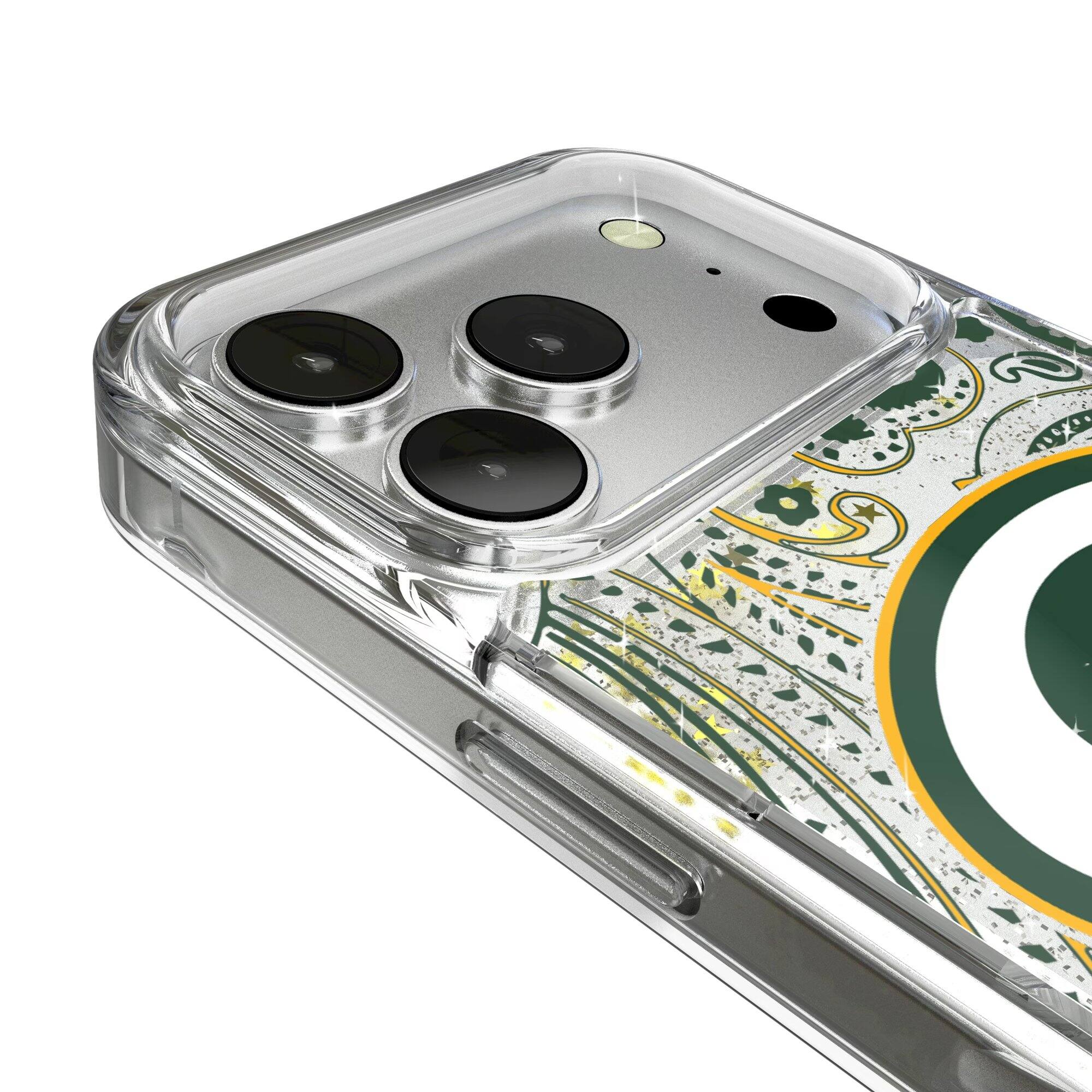Alt View 2. Keyscaper - Green Bay Packers iPhone Paisley Design Glitter Case - 15 Pro - Multicolor.