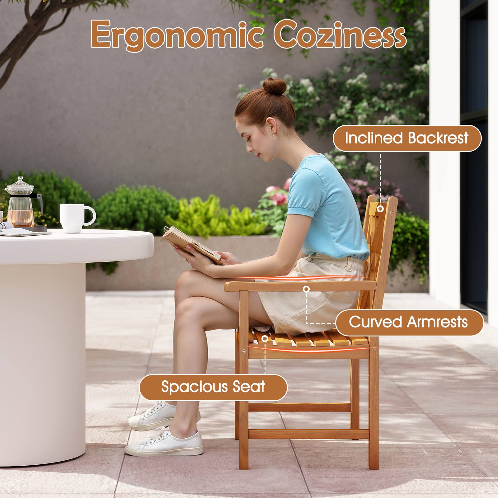 Ergonomic Coziness  
Inclined Backrest  
Curved Armrests  
Spacious Seat