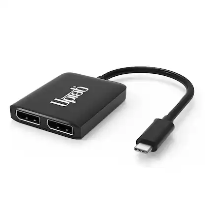 Front. UPTab - USB C to Dual DisplayPort 8K MST Adapter - Black.