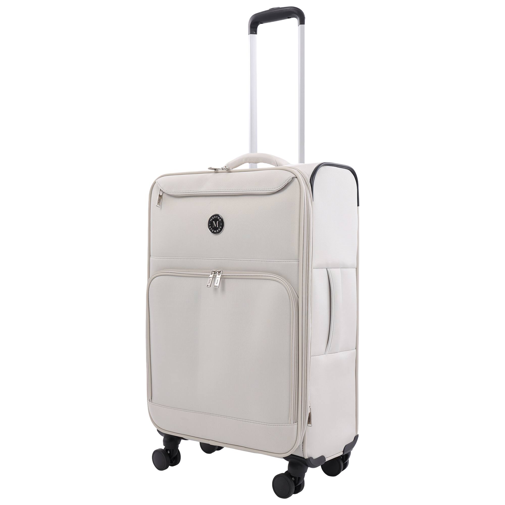 Angle. Martha Stewart - 27" Softside Luggage – Expandable Spinner Suitcase with 8 Wheels & Front Zip Pockets - LIGHT GREY.