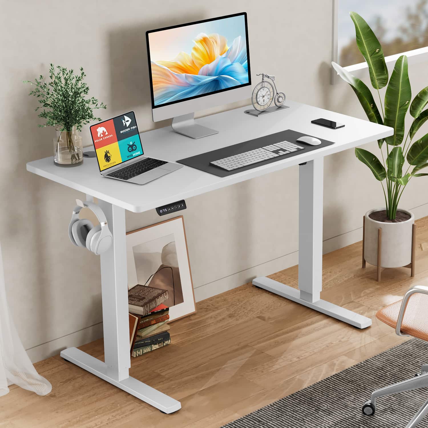 AENKYO - 63"x24" Electric Standing Desk Height Adjustable Computer Desk with 2 Hook and Wire Hole - White