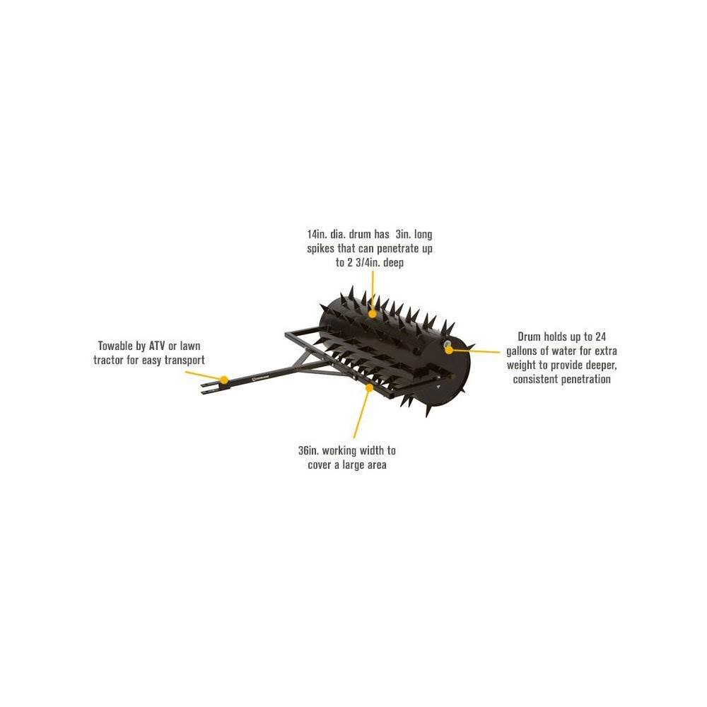 - 14in. dia. drum has 3in. long spikes that can penetrate up to 2 3/4in. deep
- Towsable by ATV or lawn tractor for easy transport
- Drum holds up to 24 gallons of water for extra weight to provide deeper, consistent penetration
- 36in. working width to cover a large area