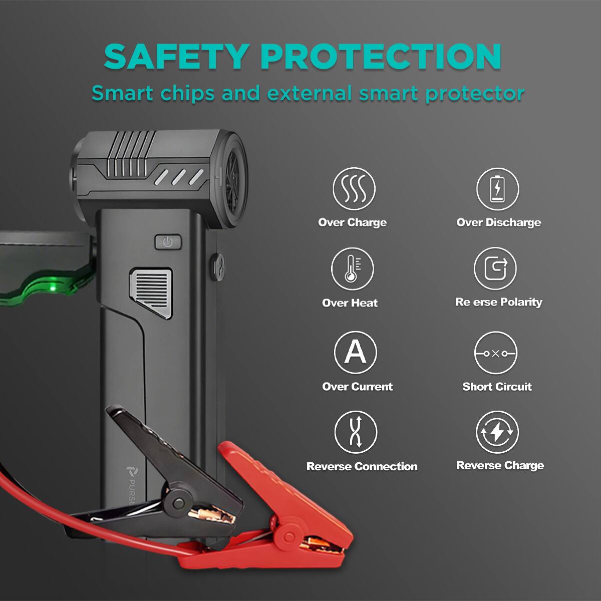 SAFETY PROTECTION  
Smart chips and external smart protector  

- Over Charge  
- Over Discharge  
- Over Heat  
- Reverse Polarity  
- Over Current  
- Short Circuit  
- Reverse Connection  
- Reverse Charge