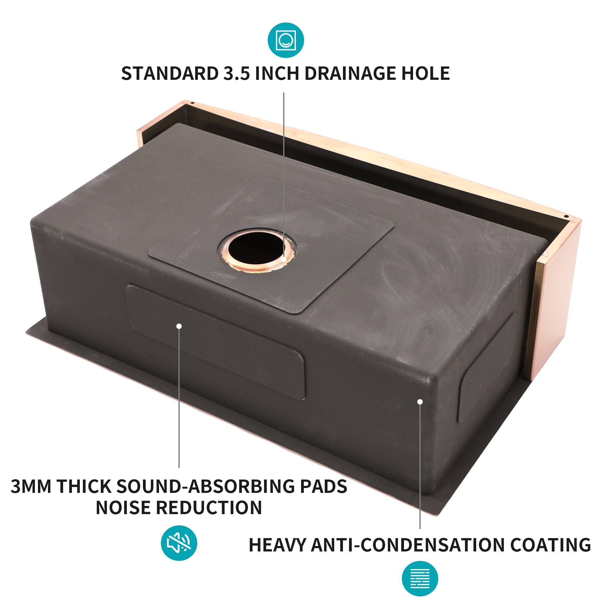 STANDARD 3.5 INCH DRAINAGE HOLE

3MM THICK SOUND-ABSORBING PADS NOISE REDUCTION

HEAVY ANTI-CONDENSATION COATING