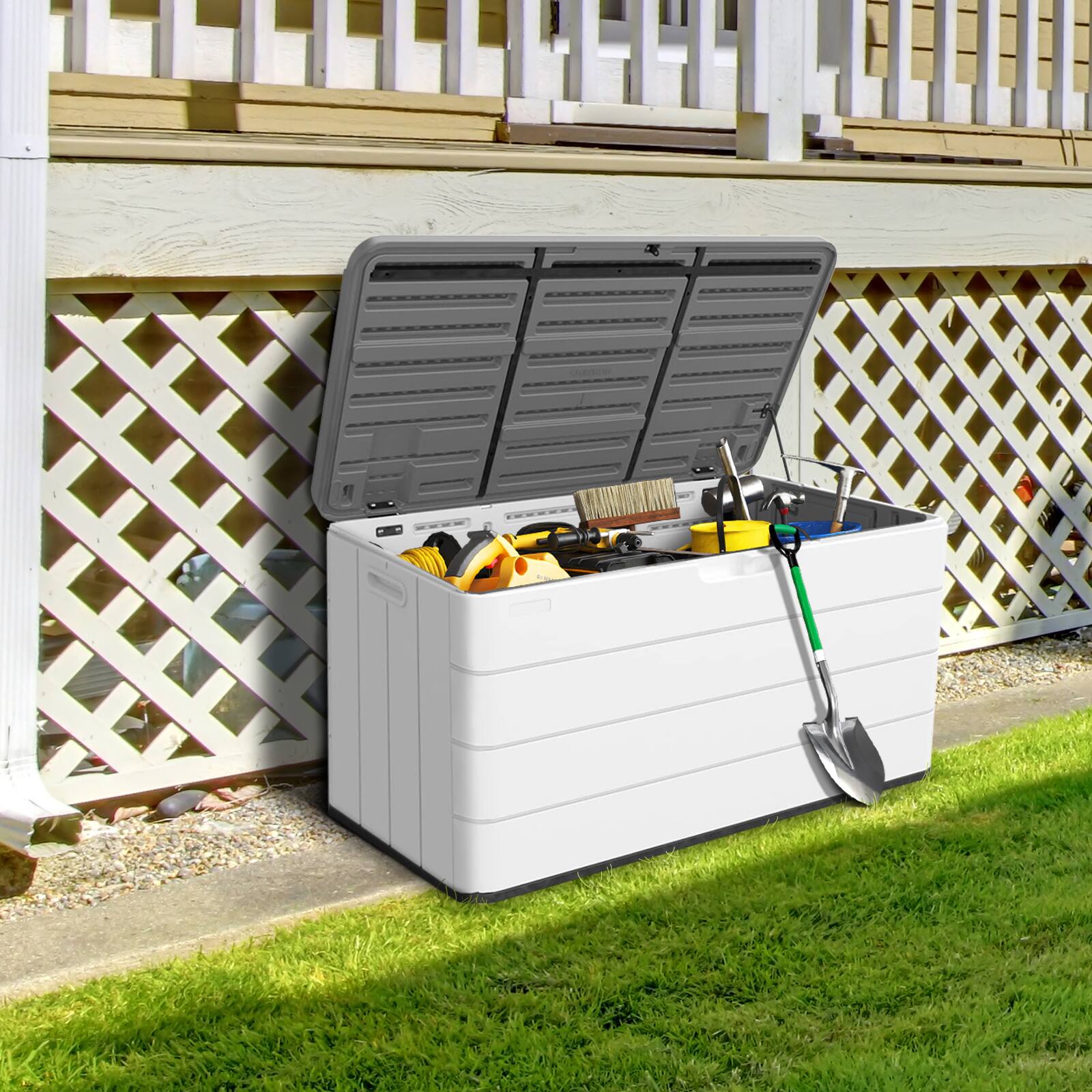 Left. Decksplore - 110 Gallon Deck Box Storage Box, Round Patio Table, Waterproof Outdoor Storage Box for Towels, Patio Furniture - White.