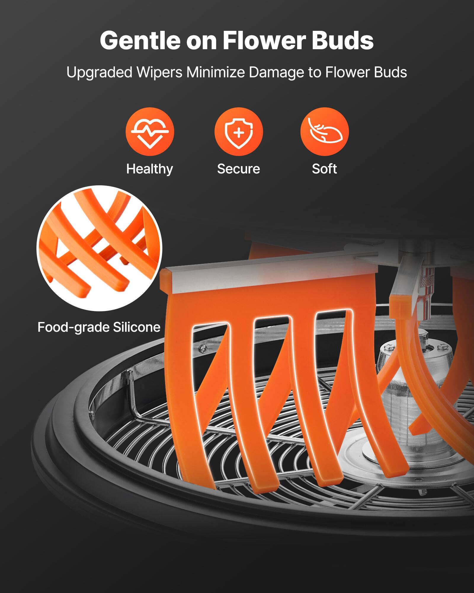 Gentle on Flower Buds  
Upgraded Wipers Minimize Damage to Flower Buds  

Healthy  
Secure  
Soft  

Food-grade Silicone