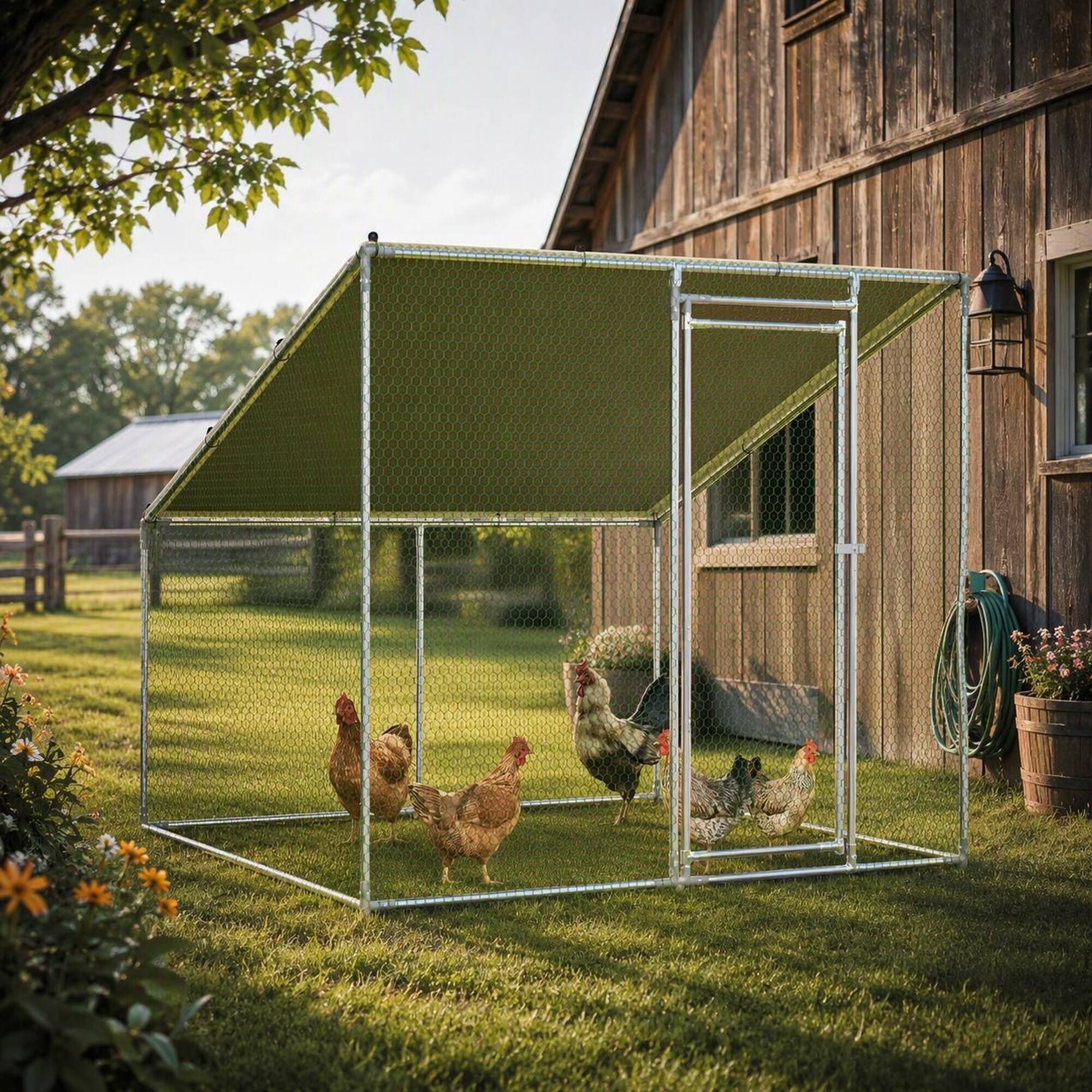 Back. RYHNUYNE - Walk-In Metal Chicken Coop 84x78.7 Inch, Waterproof & Anti-UV Poultry Cage with Slanted Roof.