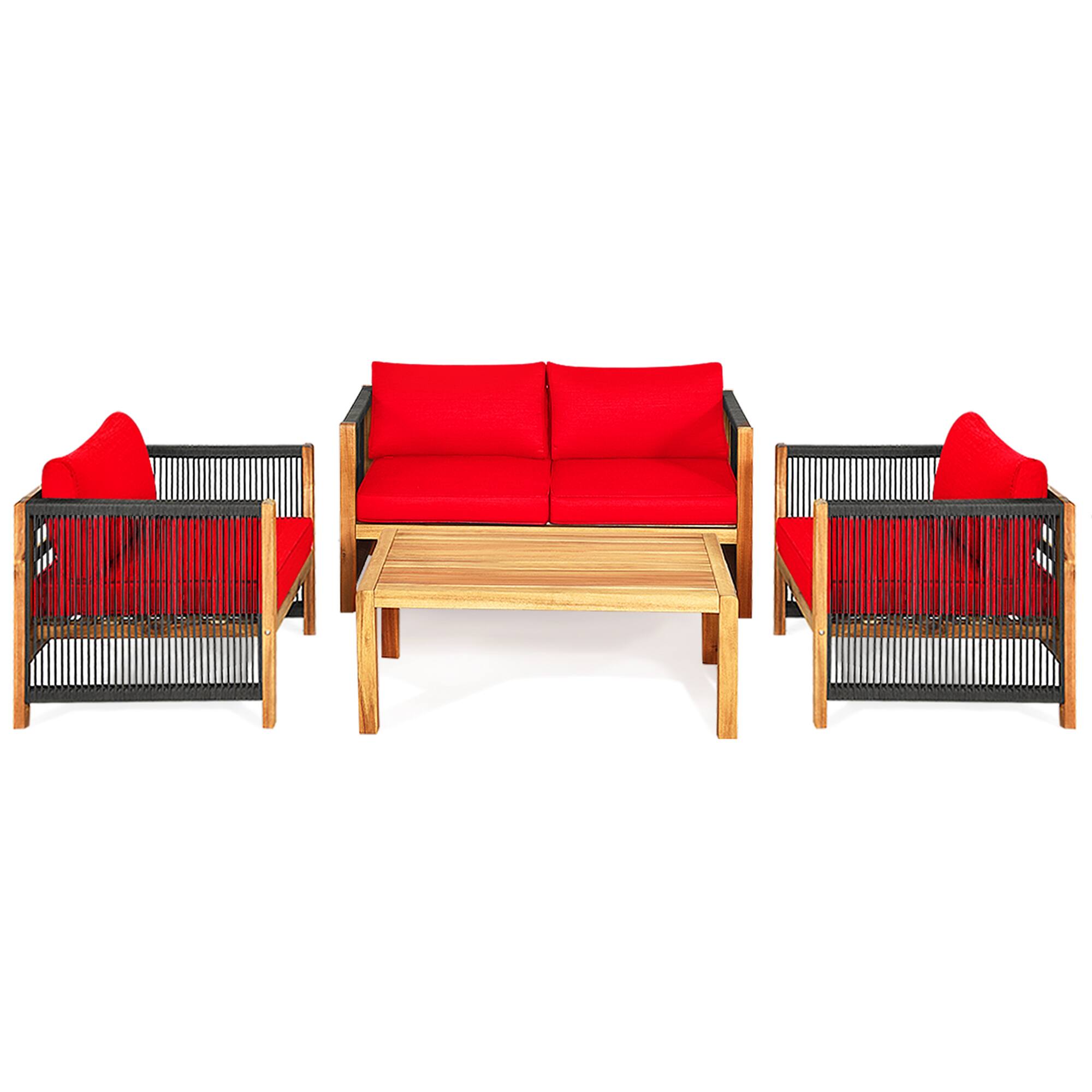 Alt View 5. Gymax - Gymax 4PCS Acacia Wood Outdoor Patio Furniture Conversation Set W/ Red Cushions - Red.