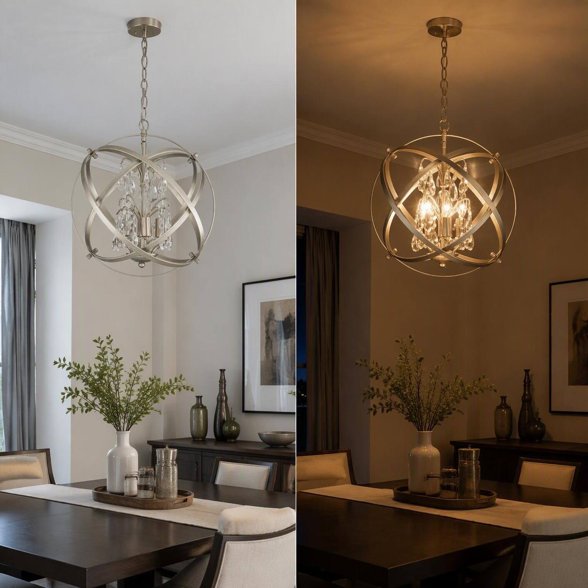 Back. RYHNUYNE - 4-Light Cage Crystal Chandelier, Modern Globe Metal Pendant Adjustable Farmhouse Hanging Fixture - Champagne.