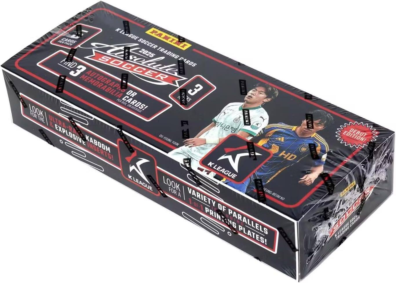 PANINI  
K-LEAGUE SOCCER  
2025 TRADING CARDS  

CARDS PER PACK: 3  
AUTOGRAPHS & MEMORABILIA CARDS: 3 PER BOX  
LOOK FOR THE ULTRA-RA & EXPLOSIVE KABOOM INSERTS!  
K-LEAGUE DEBUT EDITION!  
LOOK FOR A VARIETY OF PARALLEL PRINTING PLATES!  
1:1000 PRINTING PLATES!  

K-LEAGUE  
SOCCER  
3  
AUTOGRAPHS & MEMORABILIA CARDS!  
3 PER BOX  
LOOK FOR A VARIETY OF PARALLEL PRINTING PLATES!  

K-LEAGUE  
SOCCER  
HD  
SEUNG-BEOM KO  

K-LEAGUE  
SOCCER  
K-LEAGUE TRADING CARDS