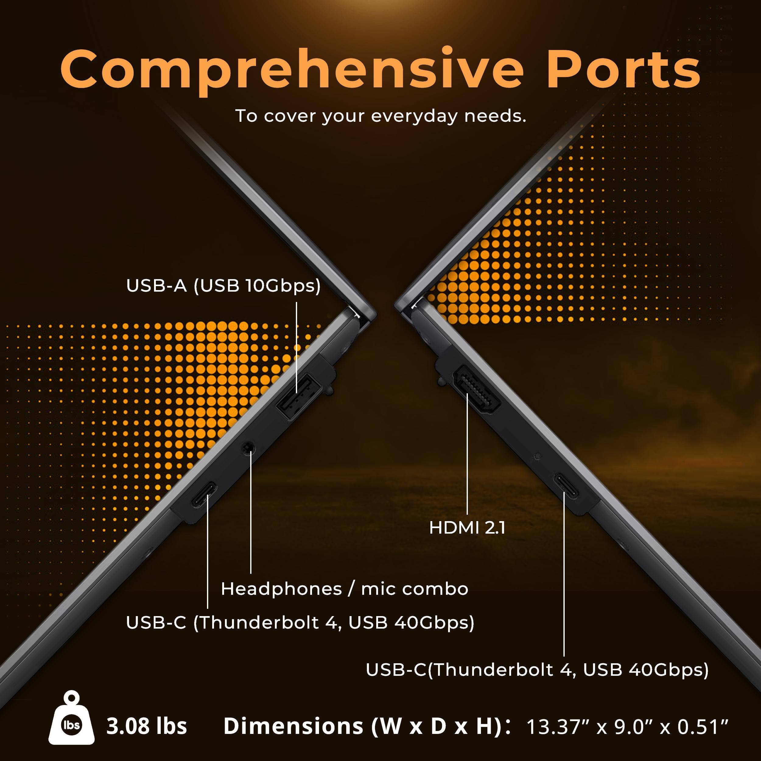 Comprehensive Ports To cover your everyday needs.

USB-A (USB 10Gbps)
HDMI 2.1
Headphones / mic combo
USB-C (Thunderbolt 4, USB 40Gbps)
USB-C (Thunderbolt 4, USB 40Gbps)

3.08 lbs
Dimensions (W x D x H): 13.37" x 9.0" x 0.51"