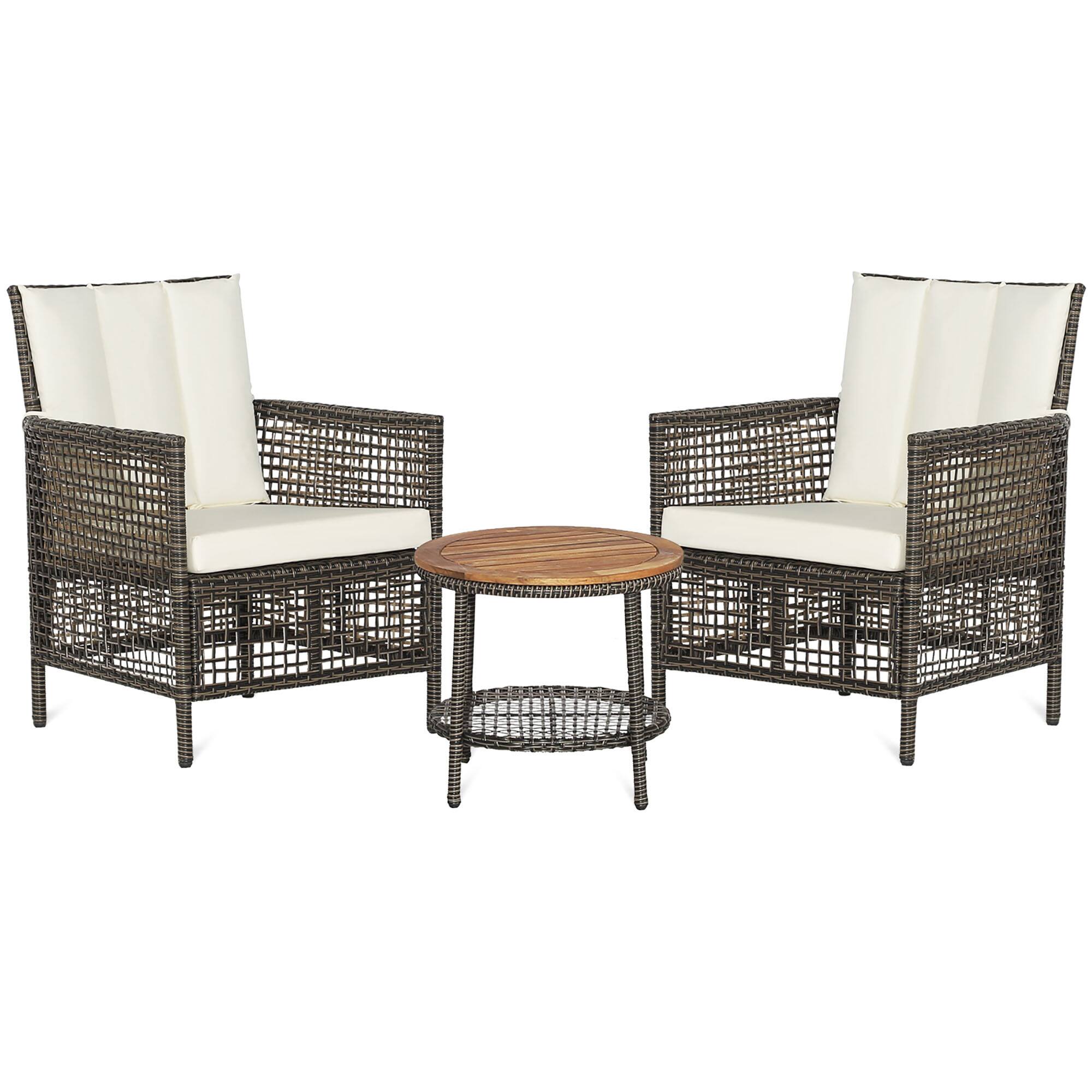 Alt View 8. Gymax - Gymax 3PCS Patio Wicker Bistro Set Furniture Set PE Rattan Table Set w/ Off White Cushions - Off White.