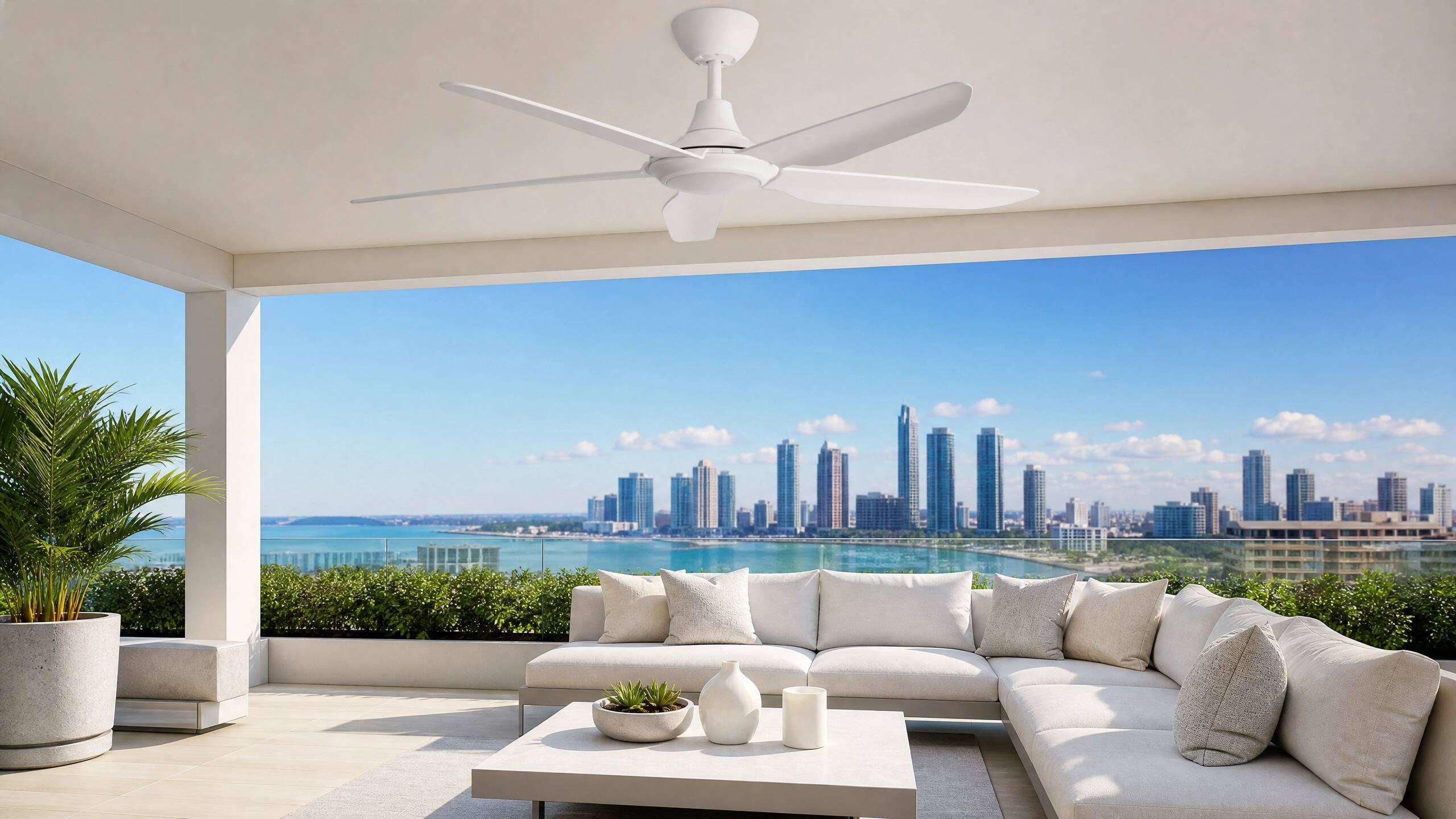 Alt View 2. ENLIGHT - 56" Smart Ceiling Fan, IP66 Outdoor/Coastal, CCT & Dimmable LED, Durable, Efficient + Quiet DC Motor, Matter, 5 Blades - White.
