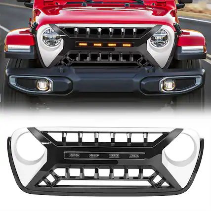 Front. AMERICAN MODIFIED - AMERICAN MODIFIED Grille w/Lights for 2018-2023 Jeep Wrangler JL & Gladiator JT - White Black.