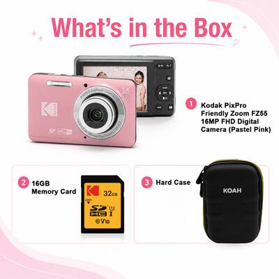 What's in the Box

1 Kodak PixPro Friendly Zoom FZ55 16MP FHD Digital Camera (Pastel Pink)
2 16GB Memory Card
3 Hard Case