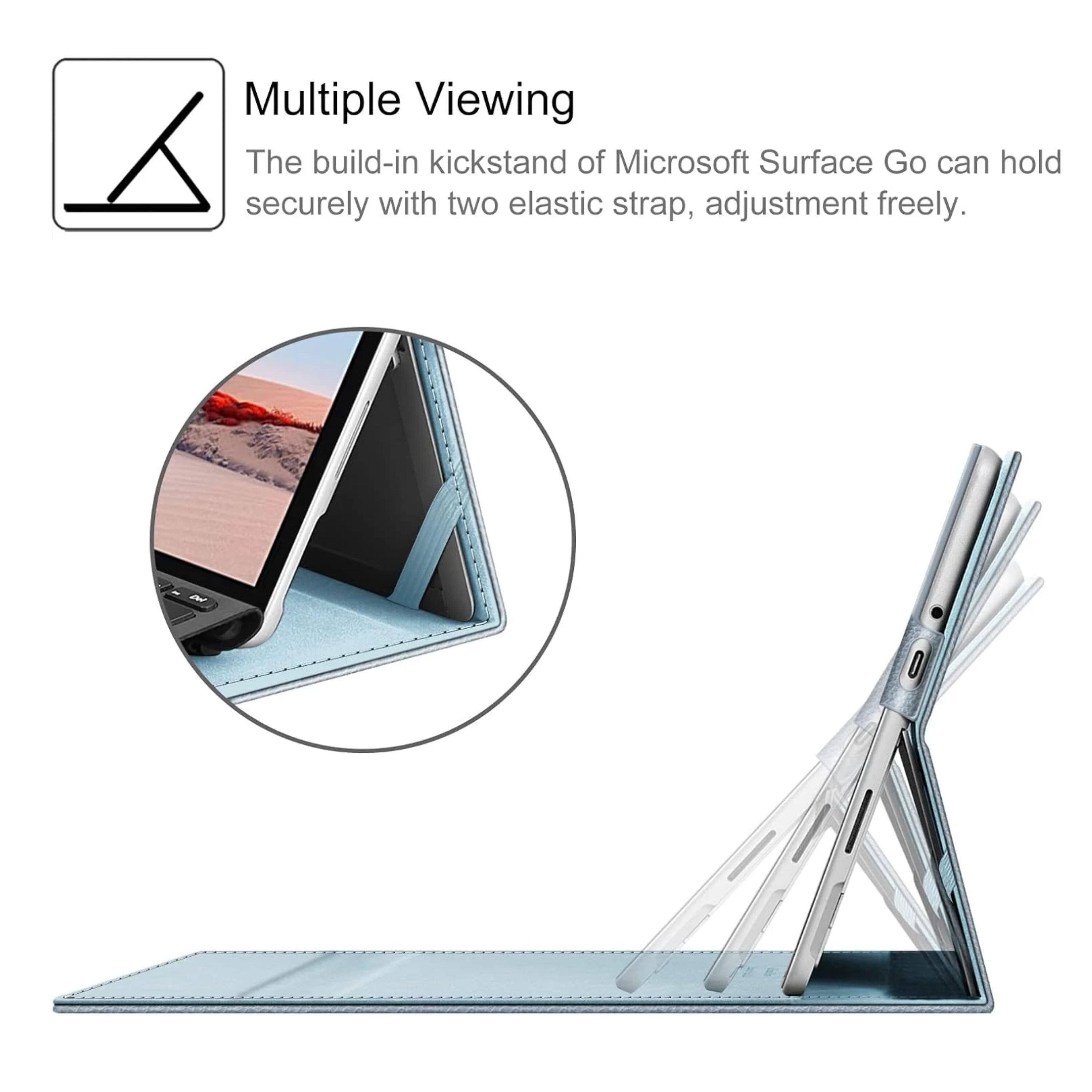 Multiple Viewing

The build-in kickstand of Microsoft Surface Go can hold securely with two elastic strap, adjustment freely.