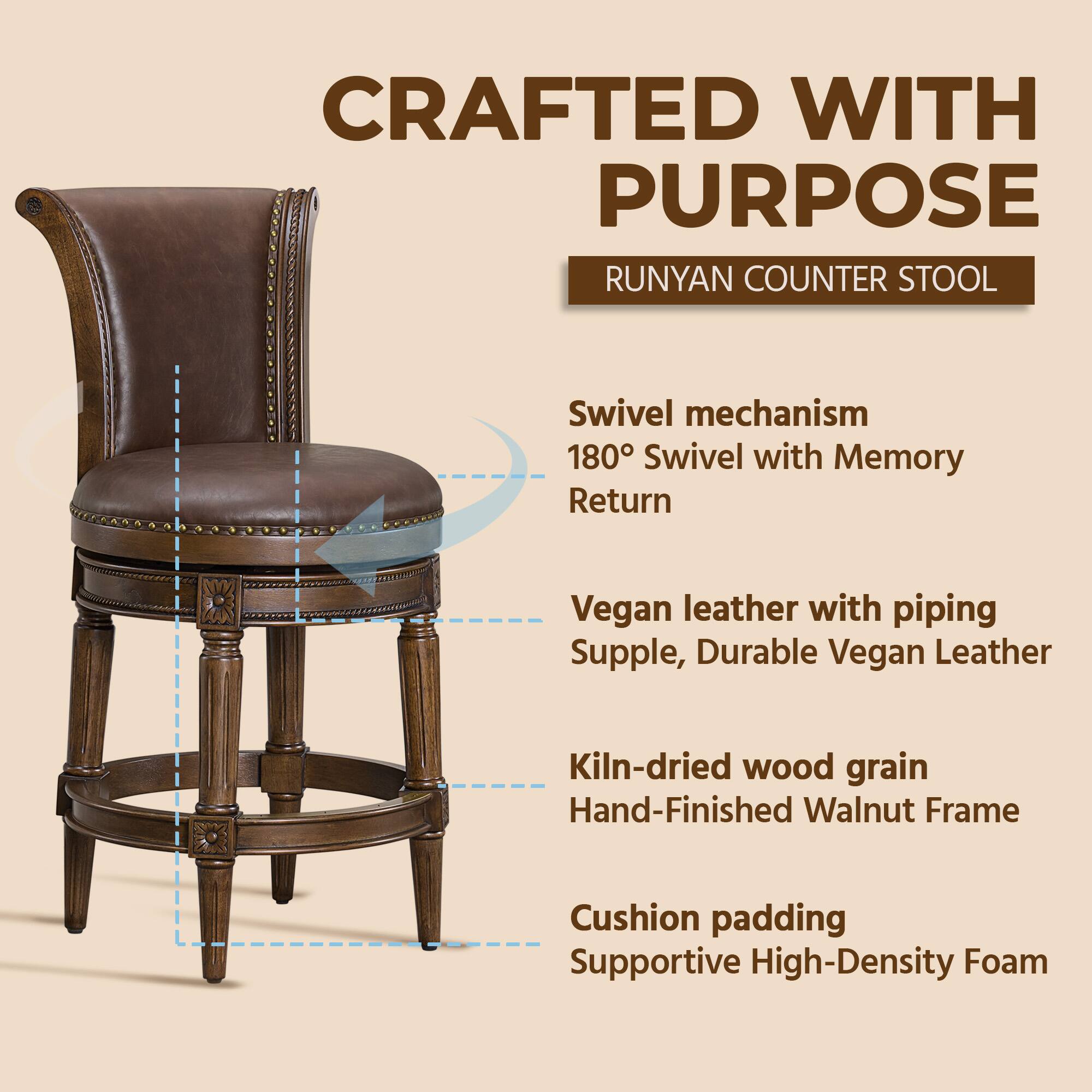CRAFTED WITH PURPOSE  
RUNYAN COUNTER STOOL  

- Swivel mechanism  
  180° Swivel with Memory Return  

- Vegan leather with piping  
  Supple, Durable Vegan Leather  

- Kiln-dried wood grain  
  Hand-Finished Walnut Frame  

- Cushion padding  
  Supportive High-Density Foam