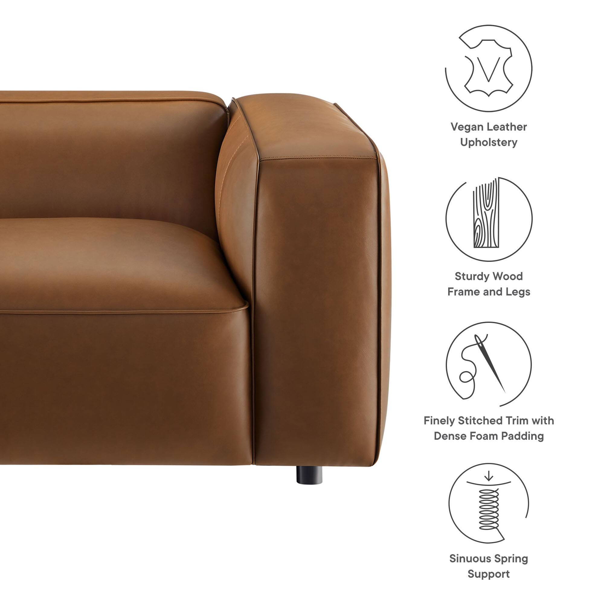 - Vegan Leather Upholstery
- Sturdy Wood Frame and Legs
- Finely Stitched Trim with Dense Foam Padding
- Sinuous Spring Support
