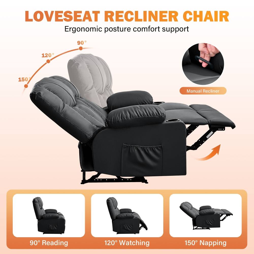 LOVESEAT RECLINER CHAIR  
Ergonomic posture comfort support

90°  
120°  
150°

Manual Recliner

90° Reading  
120° Watching  
150° Napping