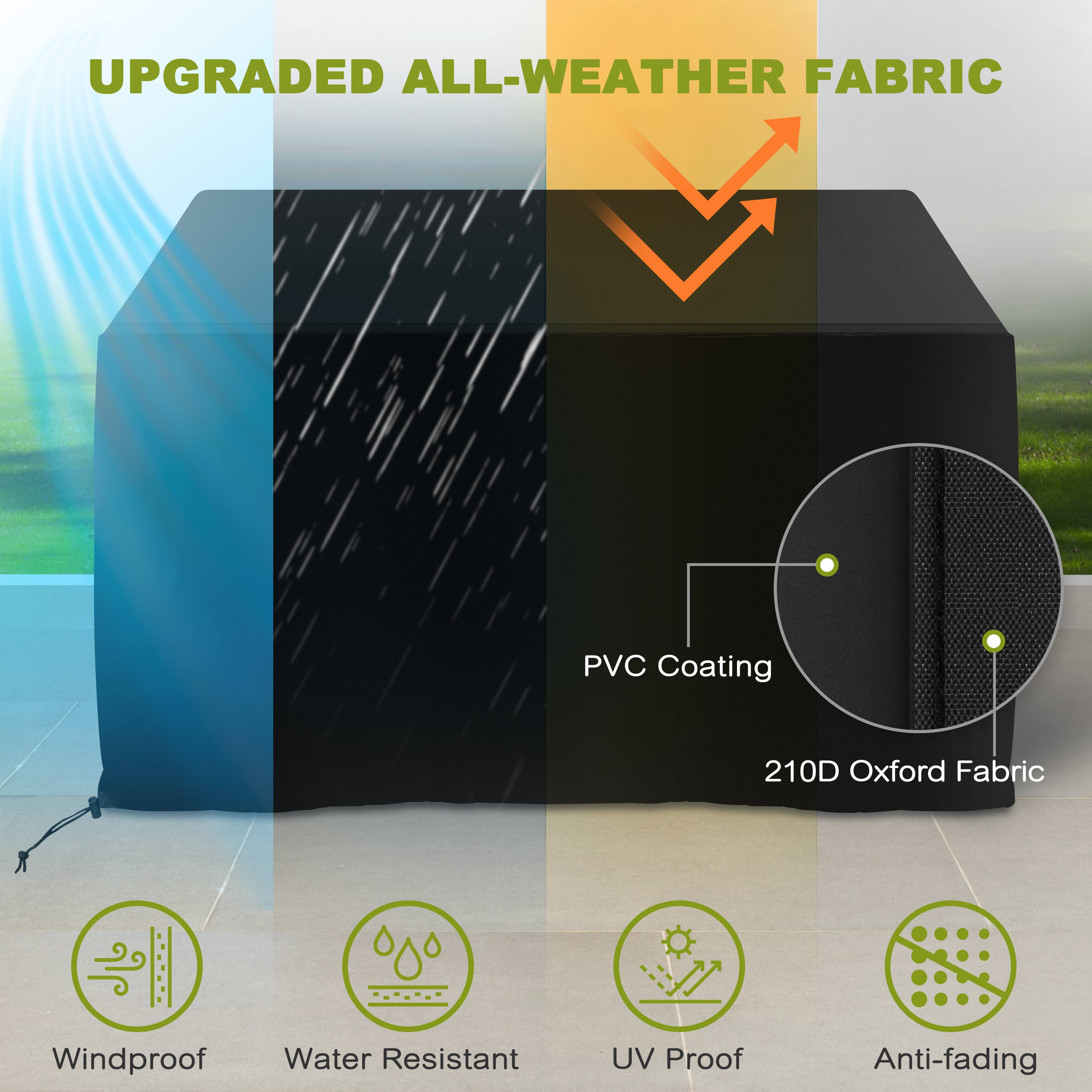 UPGRADED ALL-WEATHER FABRIC

- PVC Coating
- 210D Oxford Fabric

Features:
- Windproof
- Water Resistant
- UV Proof
- Anti-fading