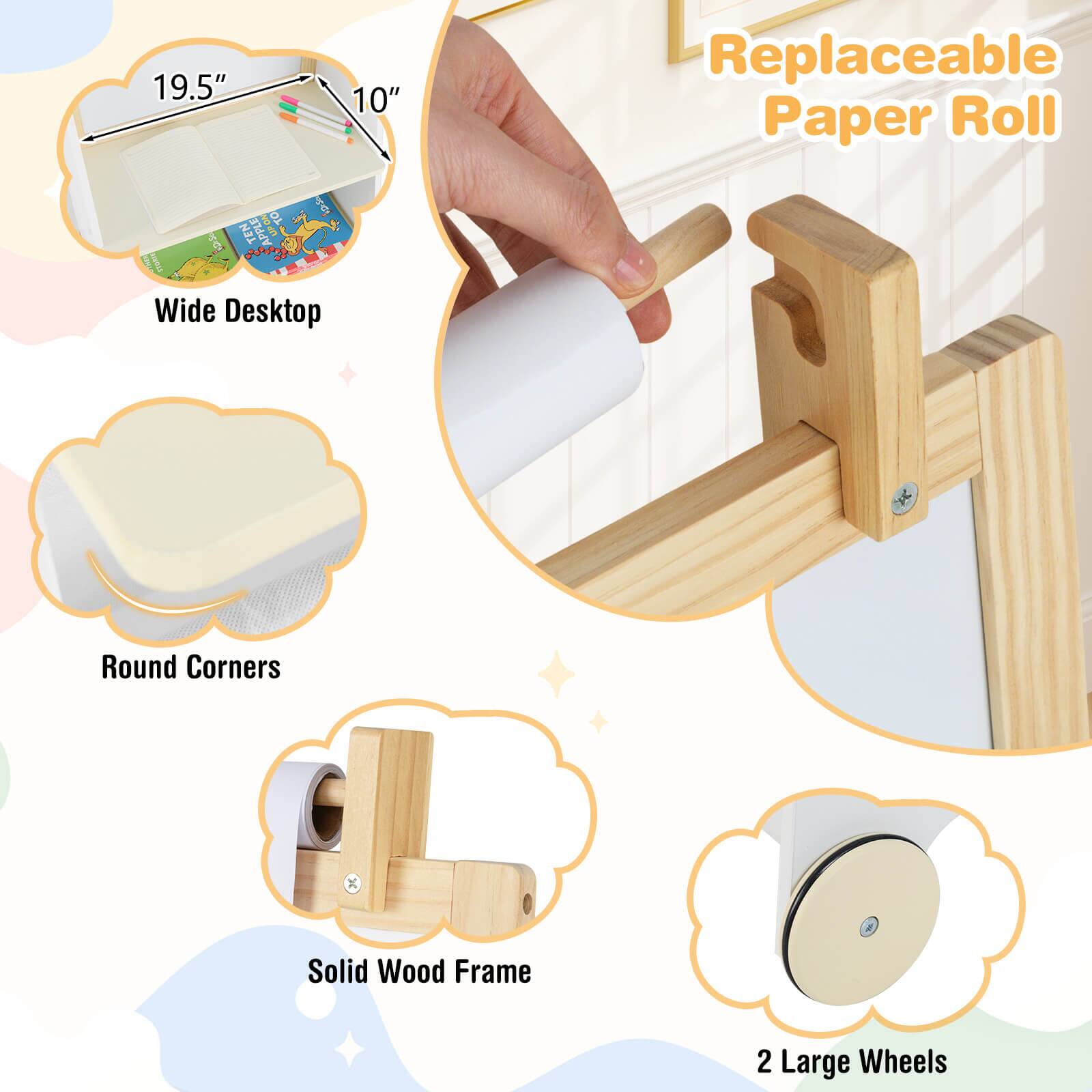 - 19.5" x 10" Wide Desktop
- Round Corners
- Solid Wood Frame
- Replaceable Paper Roll
- 2 Large Wheels