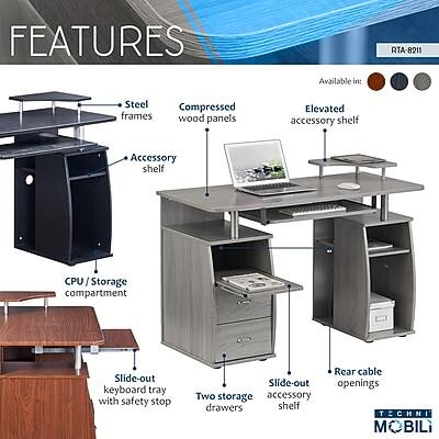 FEATURES  
RTA-8211  
Available in:  
- Steel Compressed frames wood panels  
- Elevated accessory shelf  
- Accessory shelf  
- CPU/Storage compartment  
- Slide-out keyboard tray with safety stop  
- Slide-out Two storage accessory drawers shelf  
- Rear cable openings  

TECHNI MOBILI