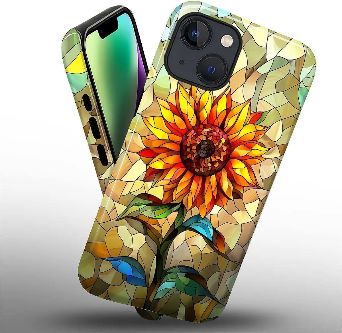 Alt View 2. Wikistore - Case for iPhone 14/13 - Hybrid 2-Layer Durable Smartphone Protection Case - Stained Glass Sunflower.