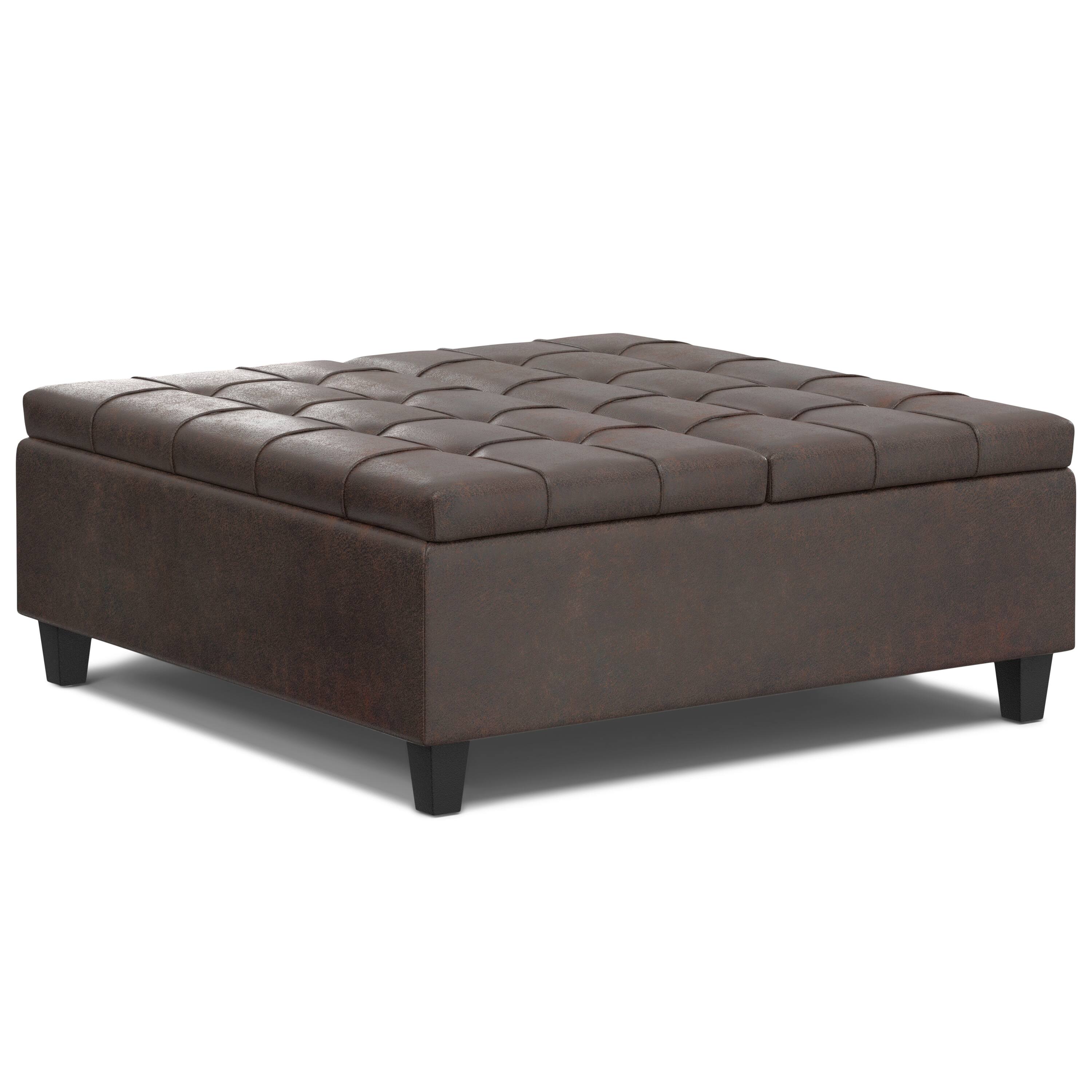 Simpli Home - Harrison Large Square Coffee Table Storage Ottoman - Distressed Brown