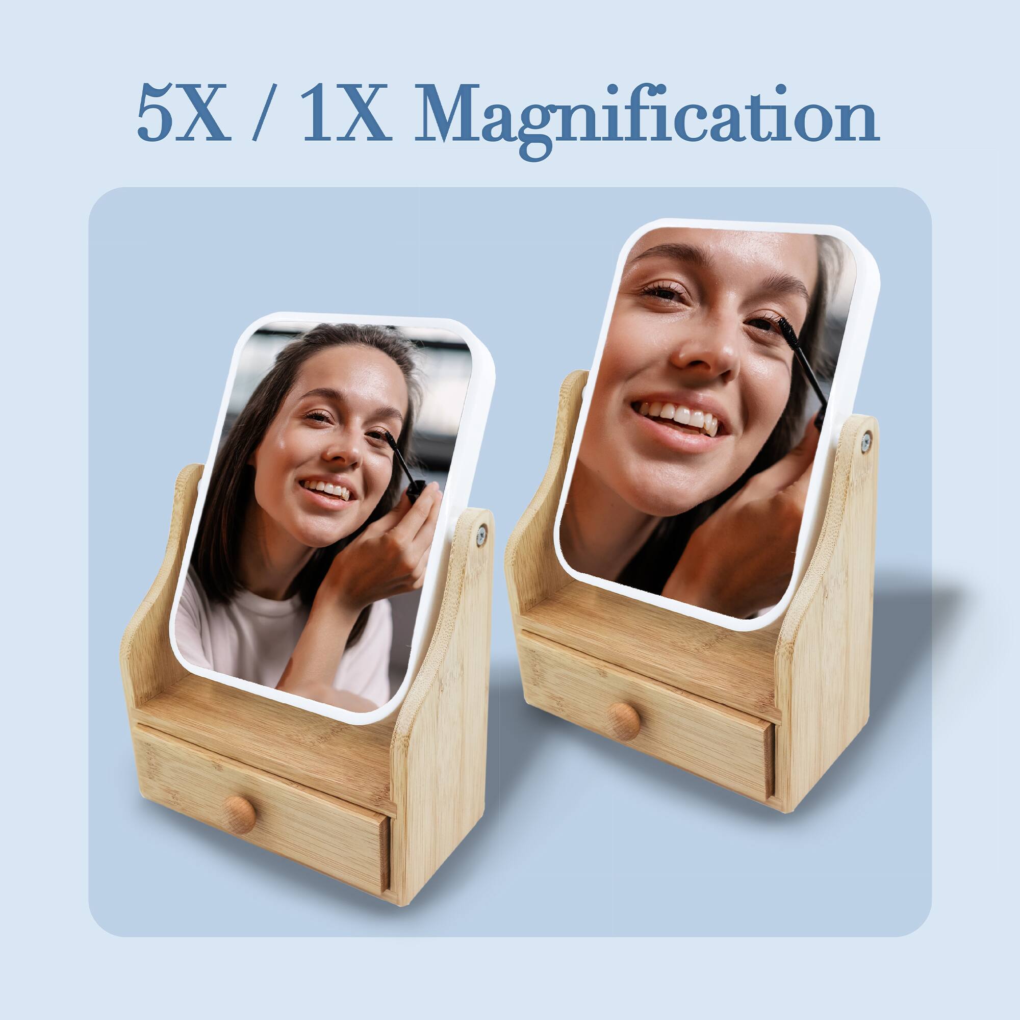 Angle. Pursonic - Dual-Sided Vanity Mirror with Bamboo Drawer Base - Beige.