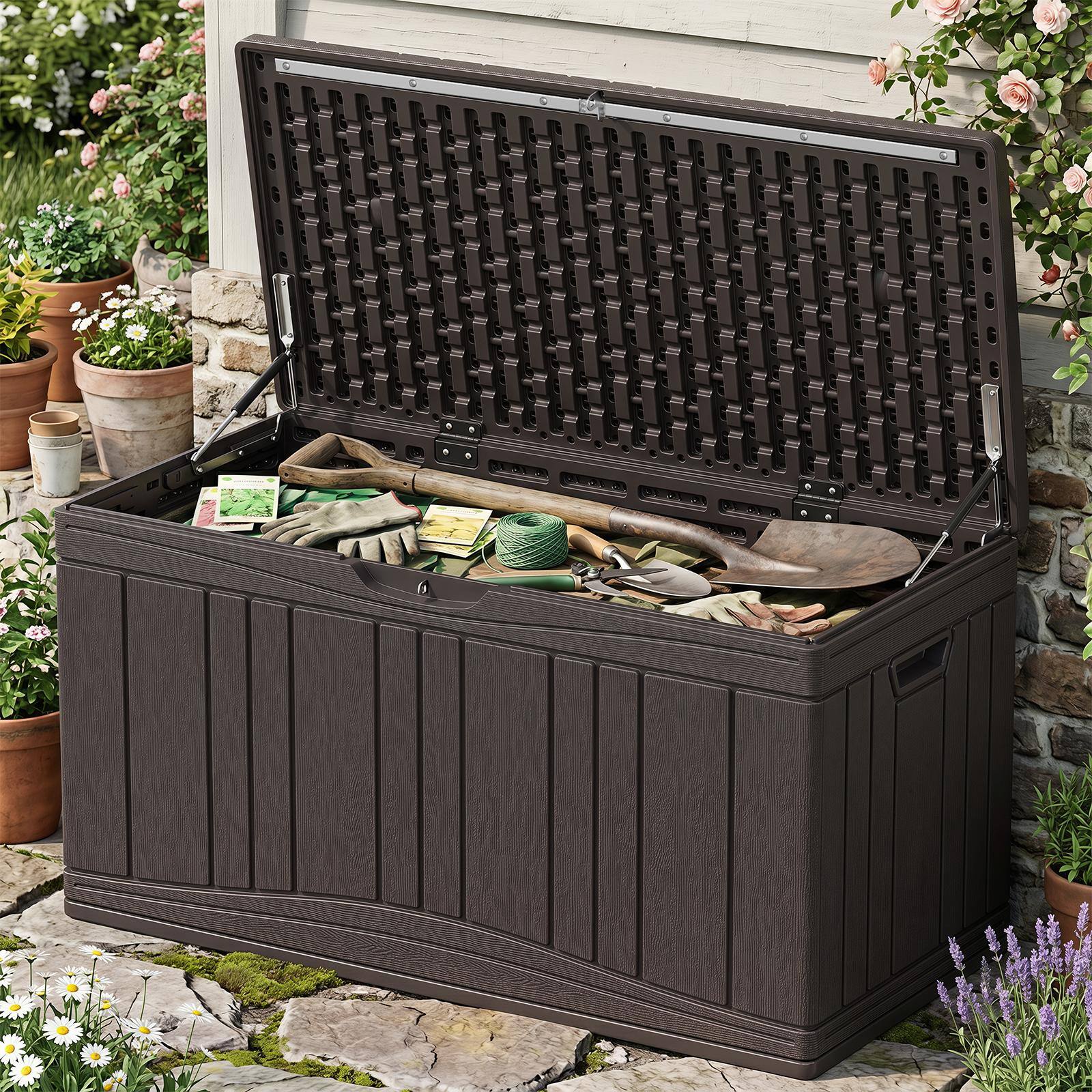 Alt View 3. Costway - Costway 80 Gallon Outdoor Deck Box with Gas Struts & Lock-Compatible Lid for Packages - Brown.