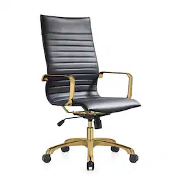 LeisureMod - Harris Ergonomic High-Back Office Chair Leather Upholstery, Adjustable Swivel, Tilt, and Gold Stainless Steel Frame - Black