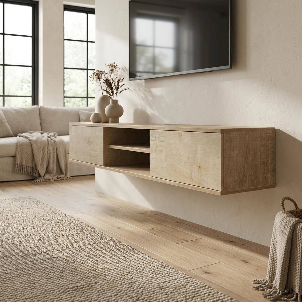Alt View 2. FurniFact - Brown floating TV stand with wall-mounted design and spacious storage - Brown.
