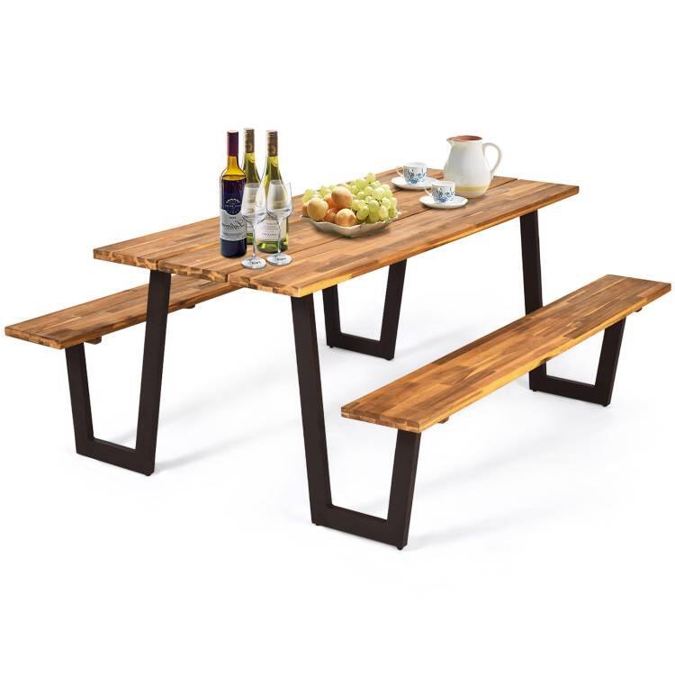 Angle. SlickBlue - Modern Wooden Picnic Table with 2 Benches for Outdoor Patio Dining - Brown.