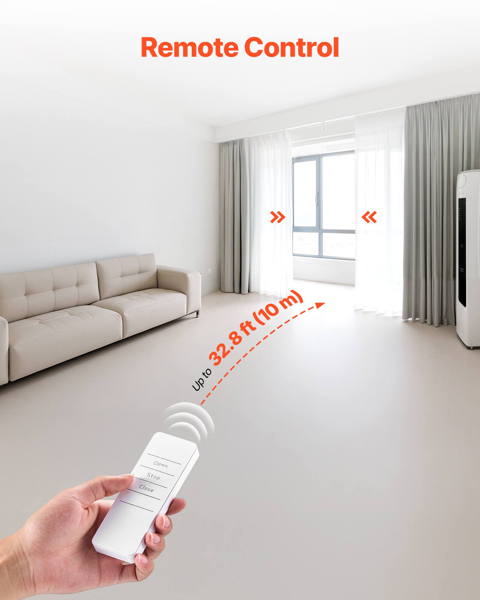 Remote Control

Up to 32.8 ft (10 m)

Open  
Stop  
Close