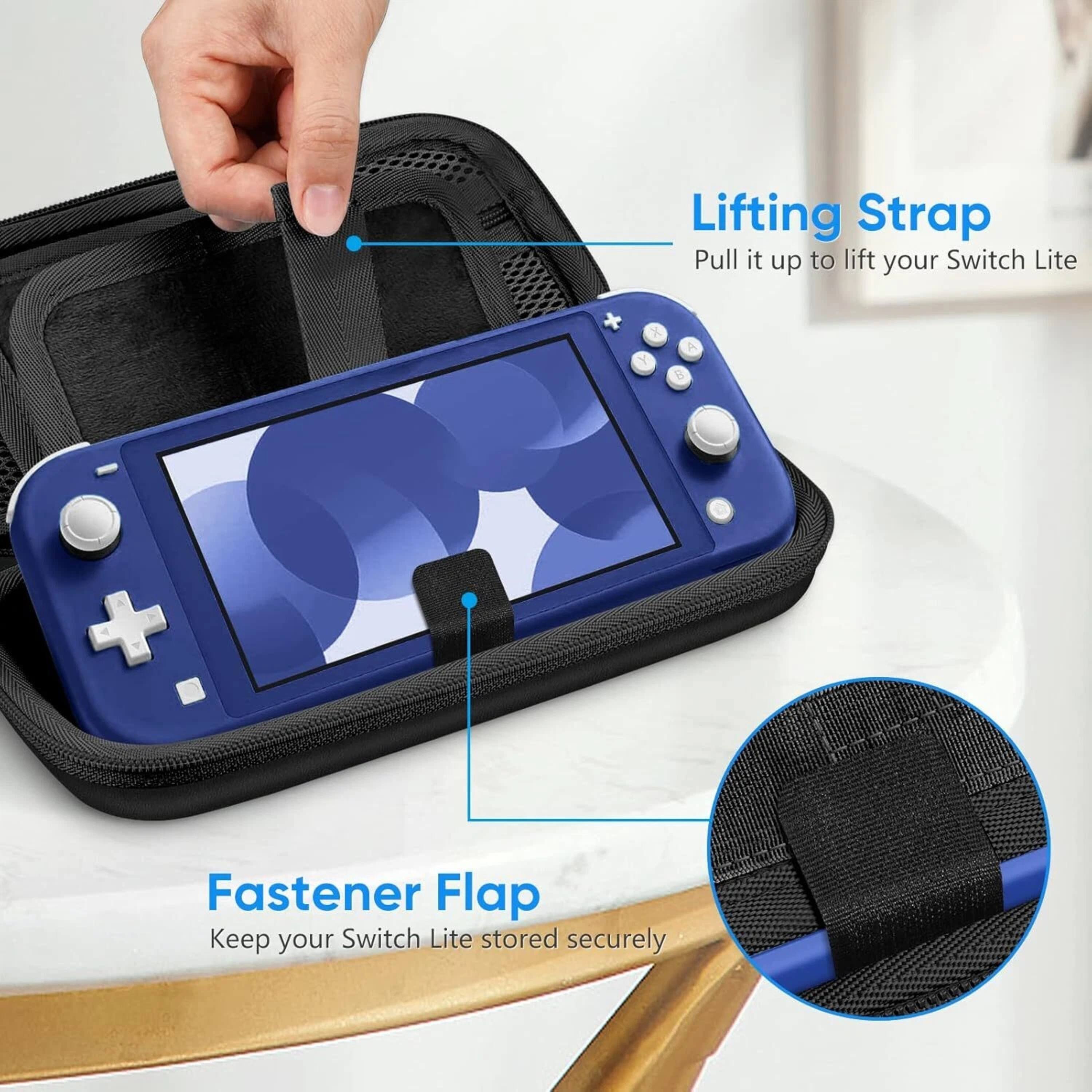 Lifting Strap  
Pull it up to lift your Switch Lite  

Fastener Flap  
Keep your Switch Lite stored securely