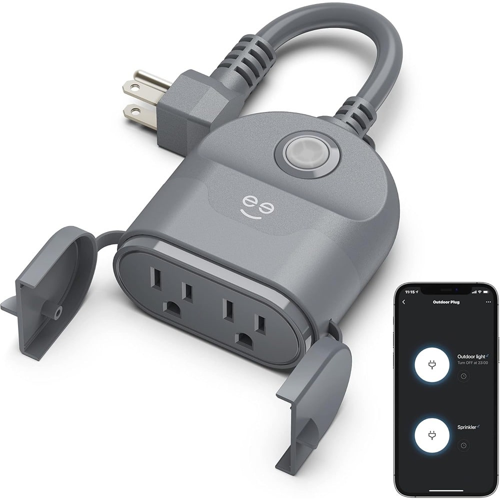 MOSZAR LLC - Outdoor Duo Wi-Fi Smart Plug, Dual Sockets, Weatherproof, Alexa & Google - Gray