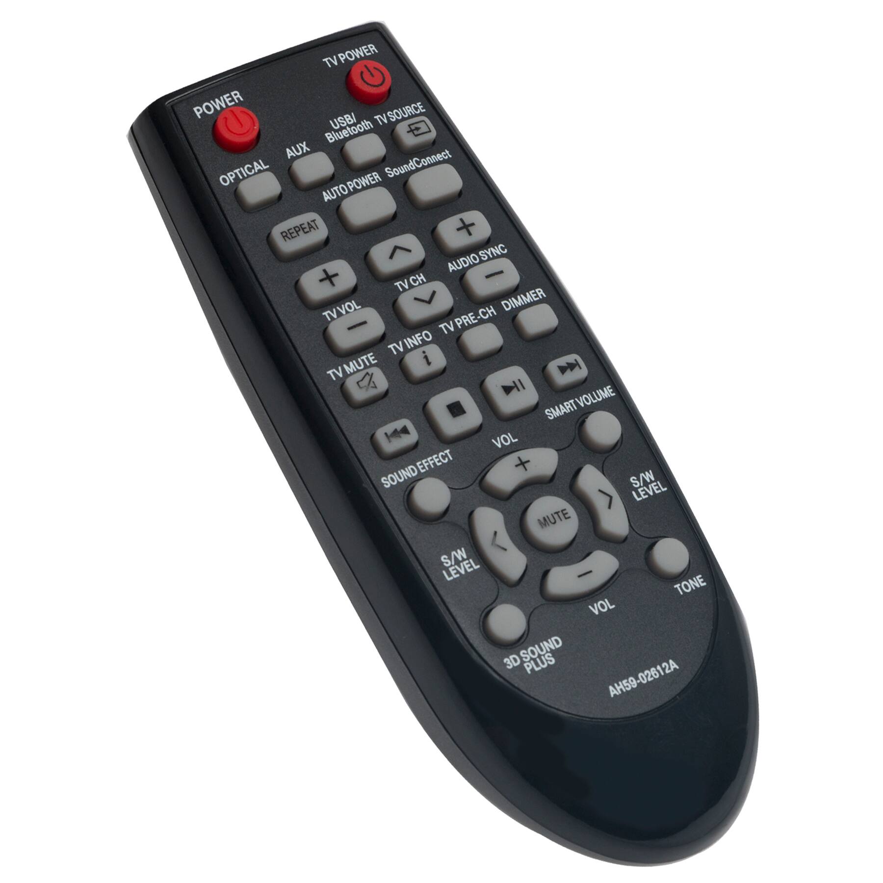 TV POWER  
POWER  
OPTICAL  
AUX  
REPEAT  
USB/Bluetooth TV SOURCE  
AUTOPOWER SoundConnect  
AUDIO SYNC  
TV PRE-CH DIMMER  
TV CH  
TV VOL  
TV MUTE  
TV INFO  
SMART VOLUME  
SOUND EFFECT  
3D SOUND PLUS  
VOL  
MUTE  
S/W LEVEL  
TONE  
S/W LEVEL  
AH59-02612A