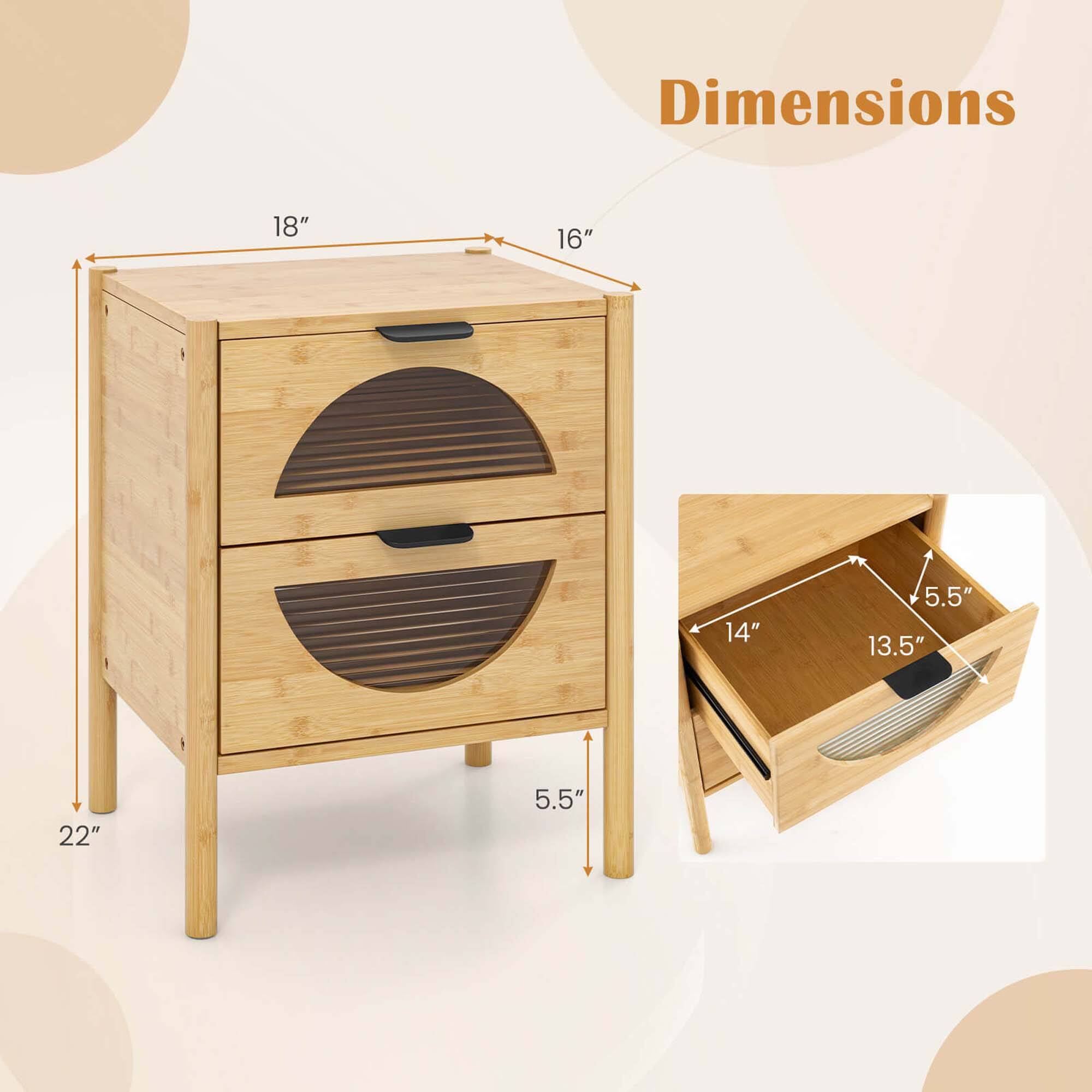 The image shows a wooden dresser with a drawer and a round object on top. The dimensions of the dresser are 22" x 18" x 16". The drawer is 5.5" deep, and the round object on top is 5.5" in diameter.