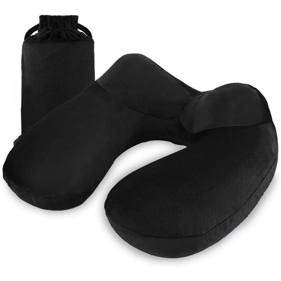 Pacoar Cade - Compact Travel Neck Pillow For Airplanes Super Soft Support Adjustable Firmness Inflatable Plane Long Flights Road - Premium Black-Size of Neck: 10.5''~16''