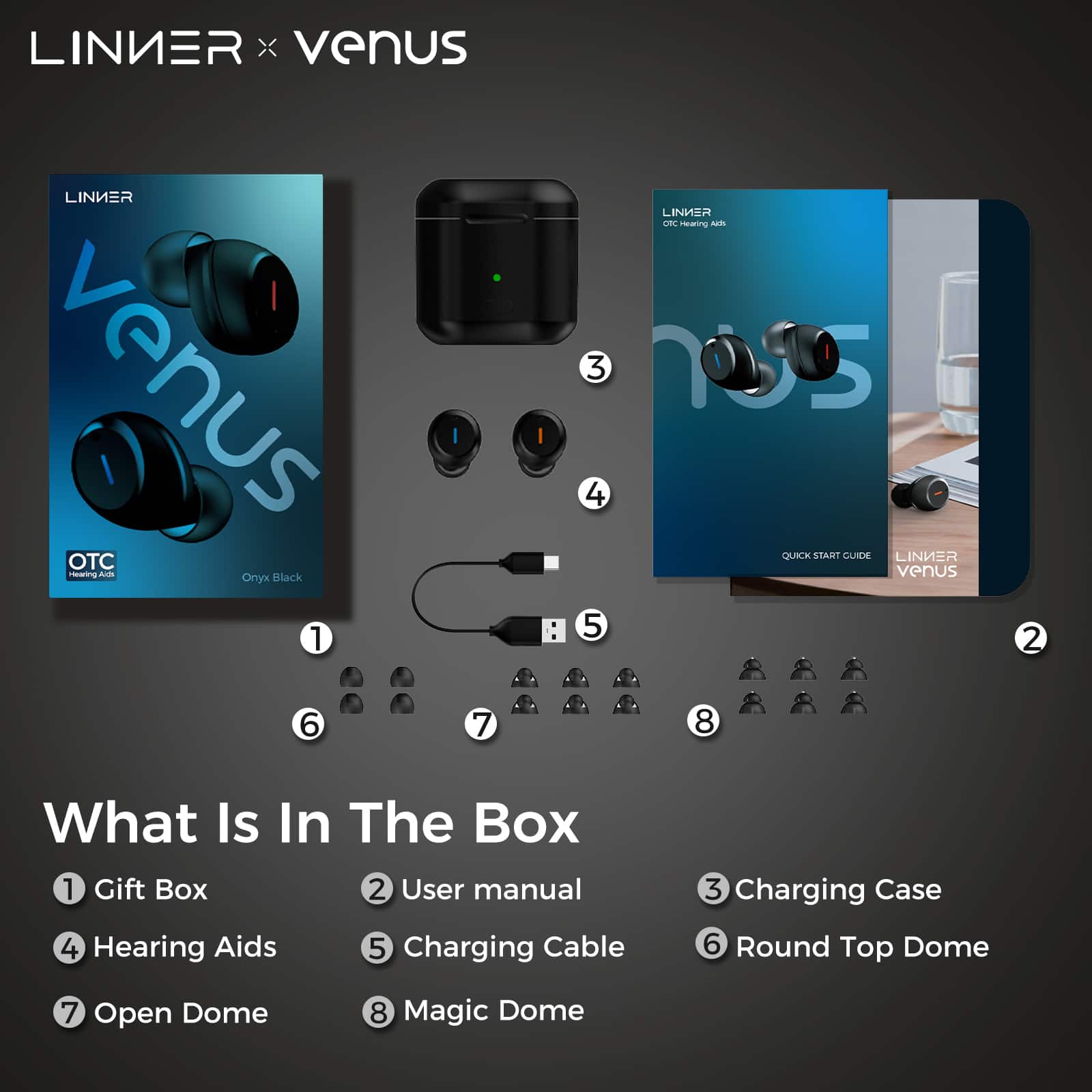 The text on the image is grouped and corrected as follows:
LINKER venus LINNER venus OC raring x Black 1 I : LINHER OL meatng Am 3 4 QUICK STANT GUIDE LINNER venus 5 2 6 7 8 What Is In The Box 1 Gift Box 2 User manual 4 Hearing Aids 5 Charging Cable 3 Charging Case 6 Round Top Dome 7 Open Dome 8 Magic Dome