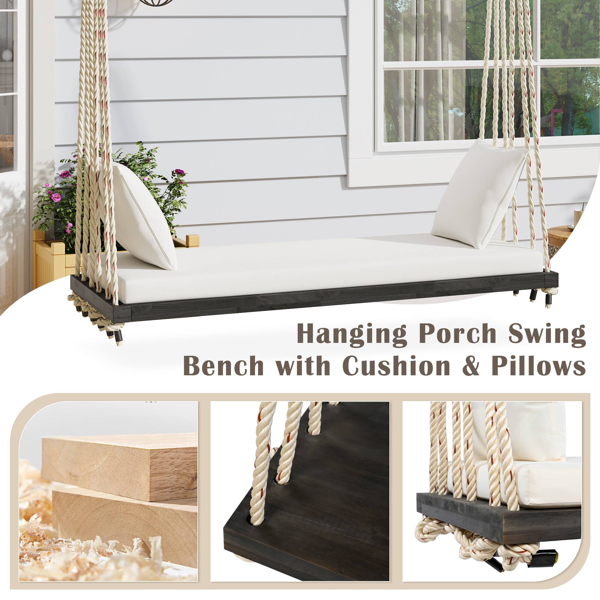 Hanging Porch Swing Bench with Cushion & Pillows